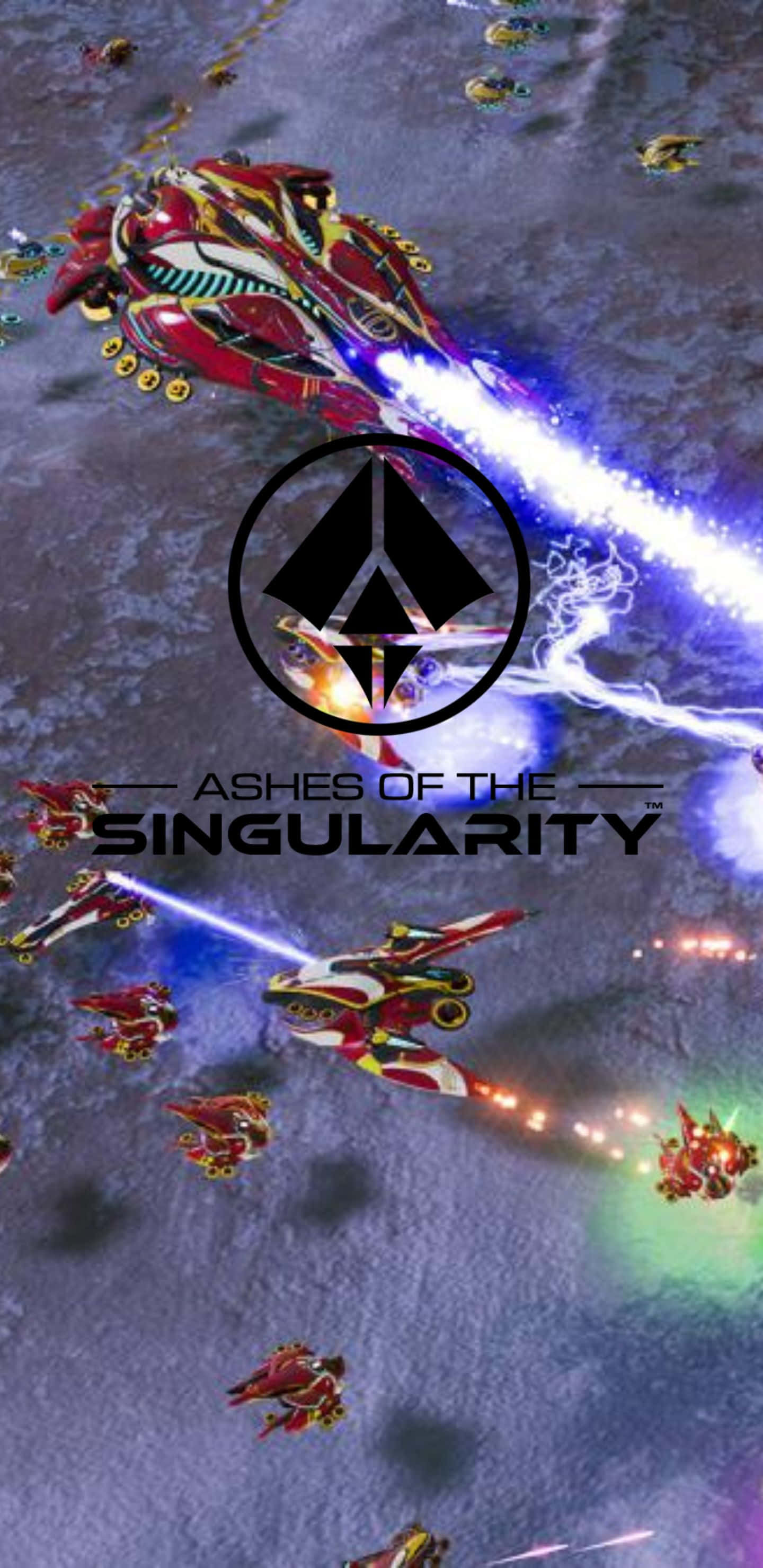 Pixel 3xl Ashes Of The Singularity 桌布 壁紙 — 未來感的紅色和金色太空船在星光燦爛的宇宙戰場上發射明亮的藍色雷射。