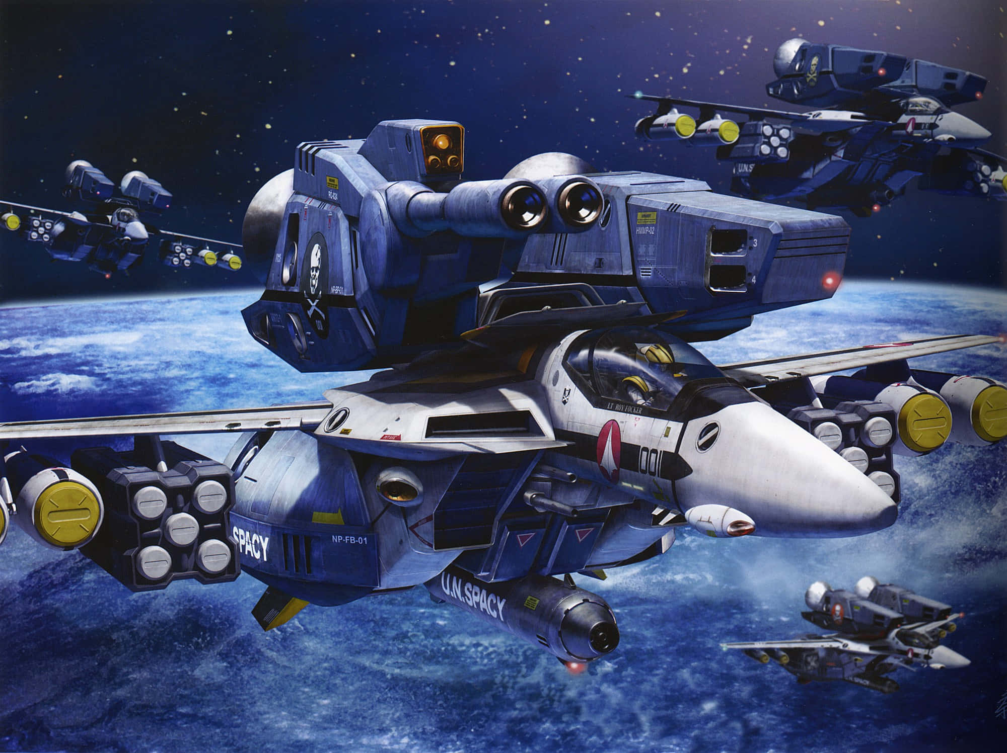Macross 桌布 壁紙 — 未來感藍白太空戰鬥機在星空夜空下，於旋轉的藍色行星上方編隊飛行。