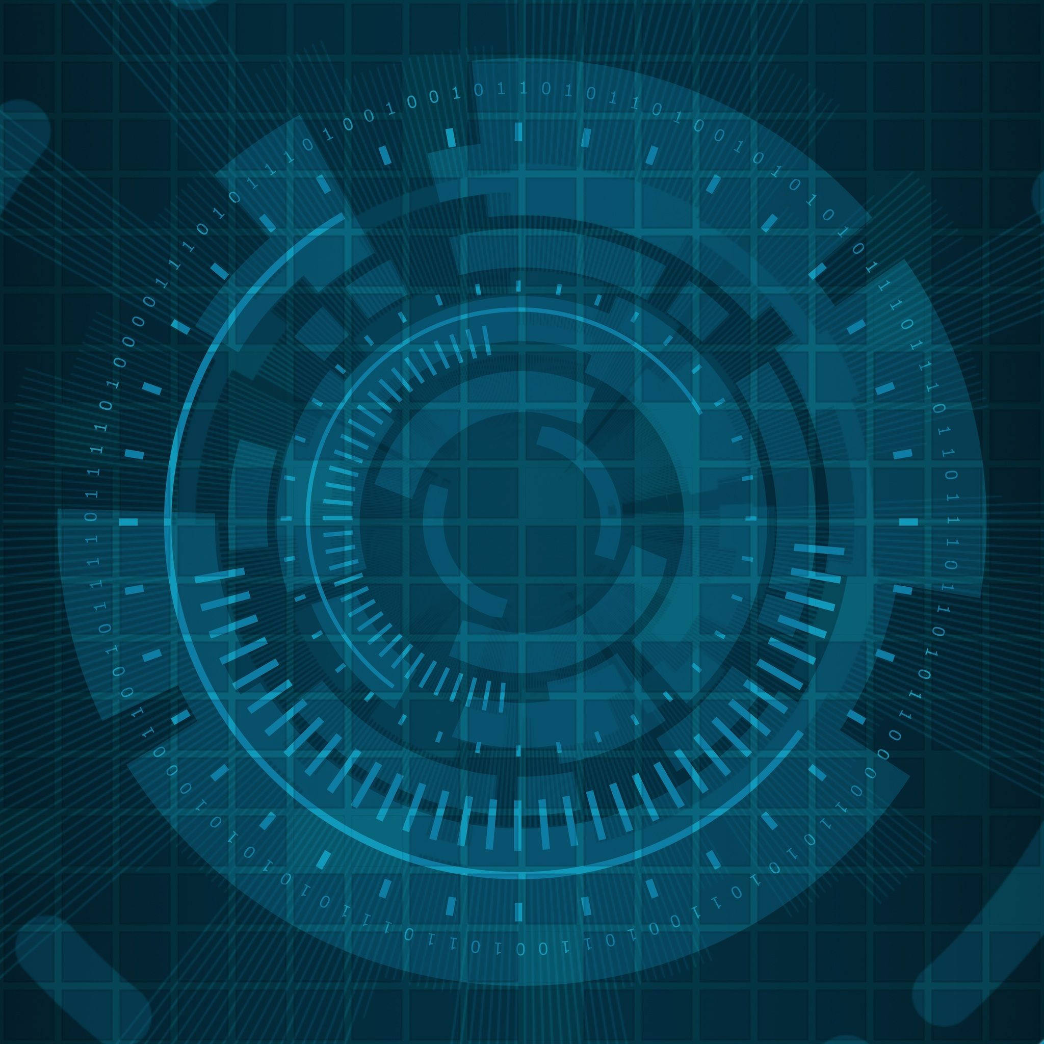 Cyber 桌布 壁紙 — 未來感藍色數位介面，帶有同心圓環和二進位代碼，在網格背景上發光。