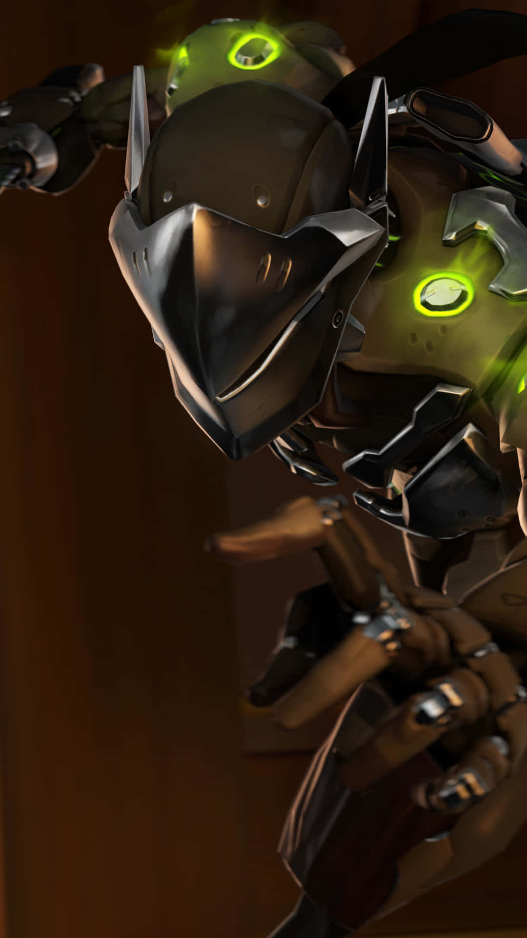 Overwatch Genji 桌布 壁紙 — 未來感裝甲機器人的特寫，頭盔和胸部有發光的綠色圓形燈光。