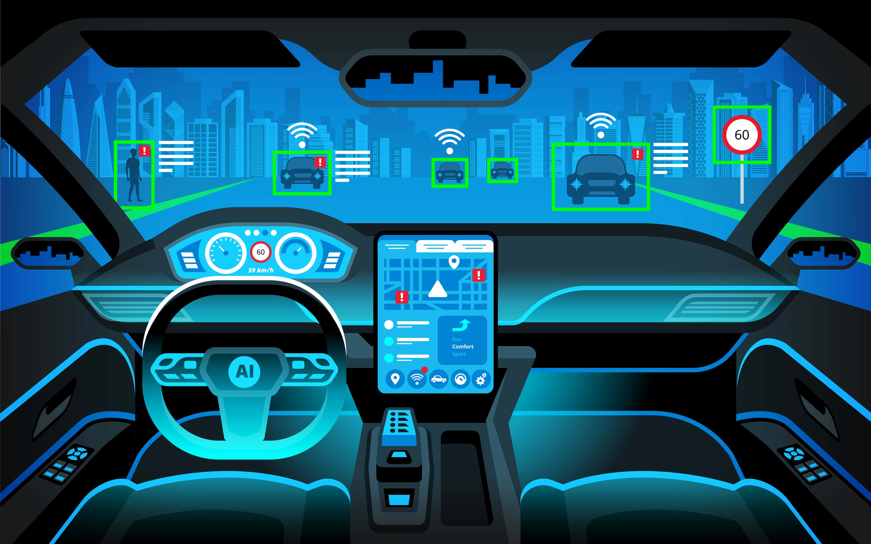 Car Technology 桌布 壁紙 — 未來感車廂內部，透過擋風玻璃顯示擴增實境交通和城市景觀的發光藍色AI儀表板。