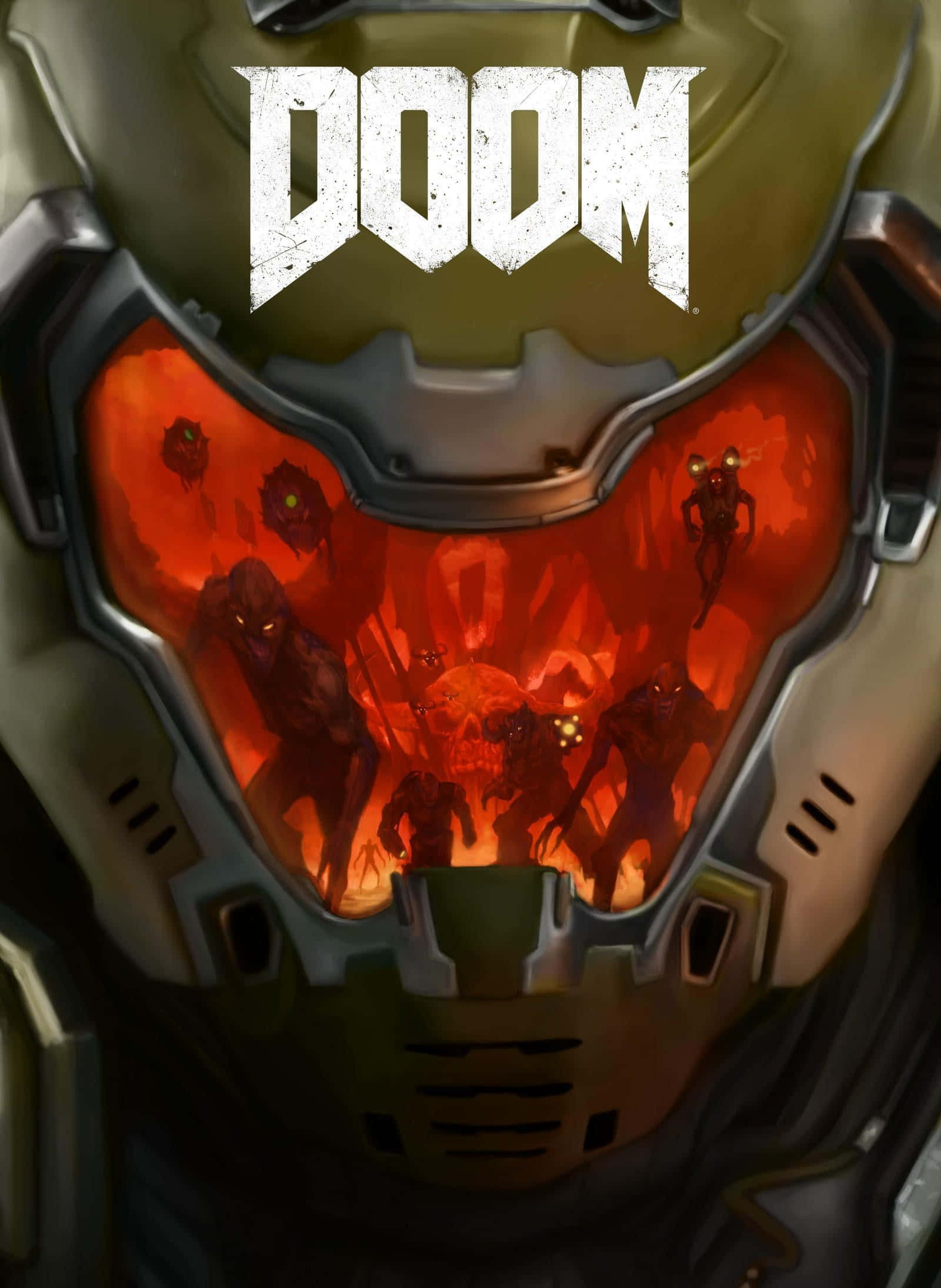 doom HD 桌布 壁紙 — 未來感頭盔的特寫，紅色發光面罩顯示出地獄火海中的惡魔生物。