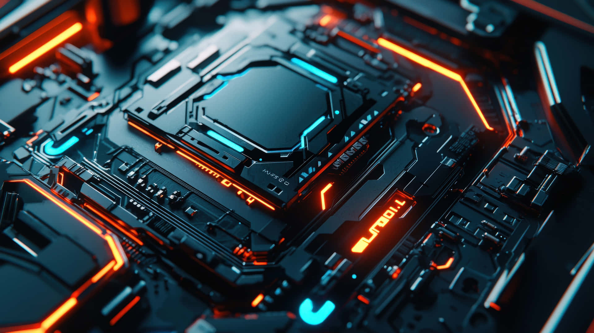 Close-up of a high-tech motherboard with glowing red and blue LED lights, 壁紙 — 未來感黑色主機板特寫，帶有發光的橙色和藍色電路及照明組件。