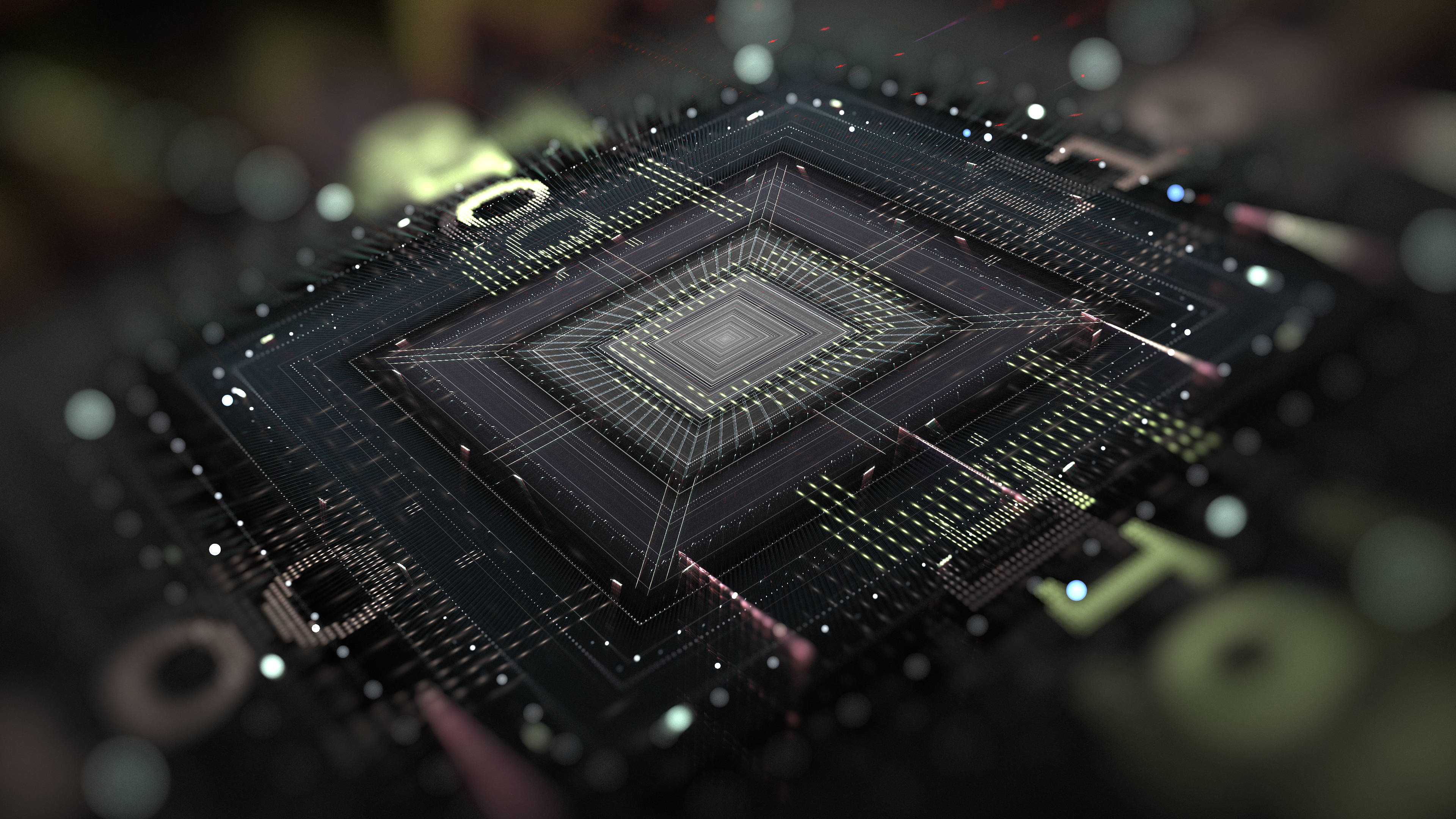 Processor 桌布 壁紙 — 未來感黑色微型晶片的特寫，帶有發光綠色電路和背景散景燈光。