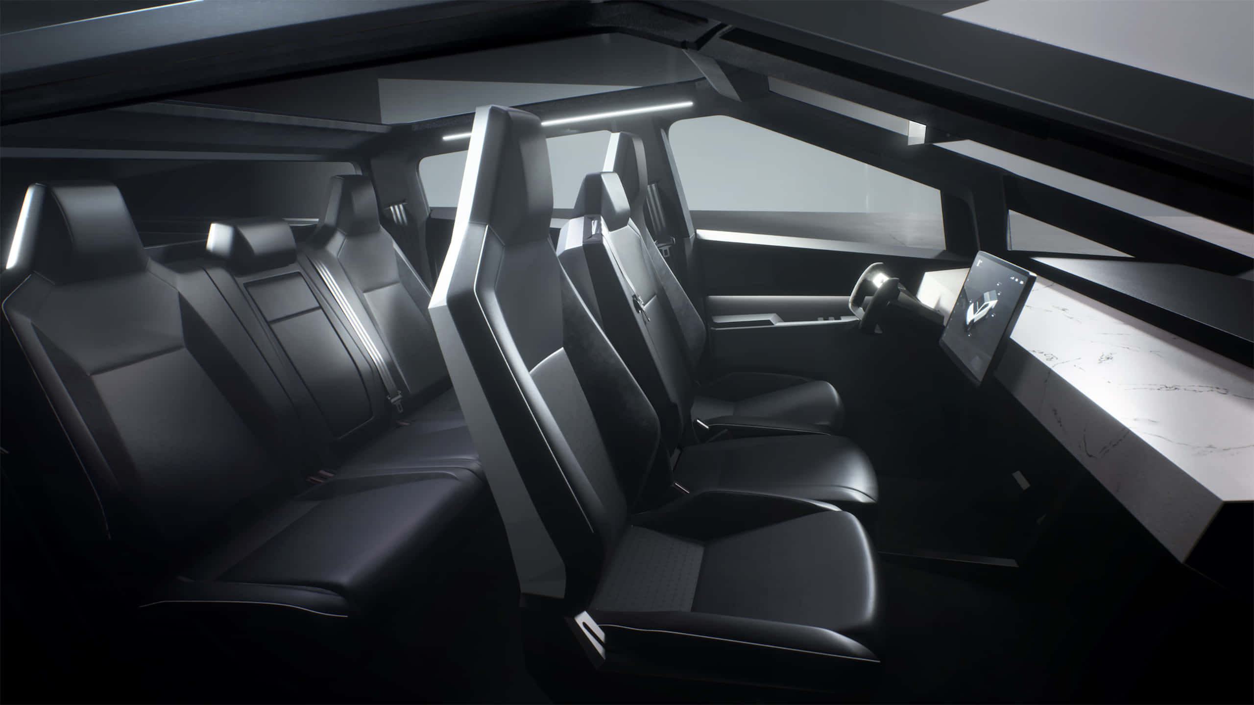 Tesla Cybertruck 桌布 壁紙 — 未來感黑色皮革車廂內飾，配以棱角座椅及發光氛圍燈。