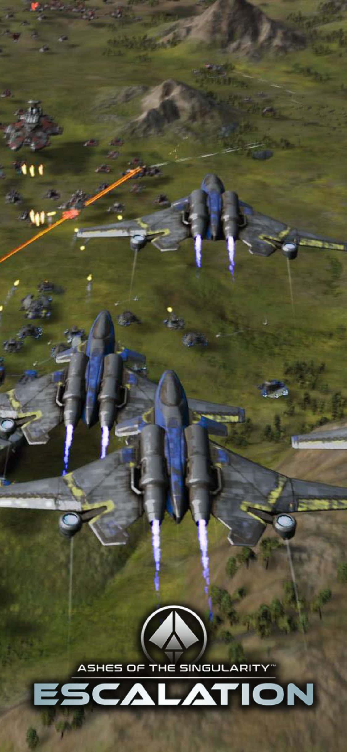 iPhone X Ashes Of The Singularity Escalation 桌布 壁紙 — 未來戰機在戰火摧殘的戰場上空翱翔，下方有發光的軌跡和爆炸。