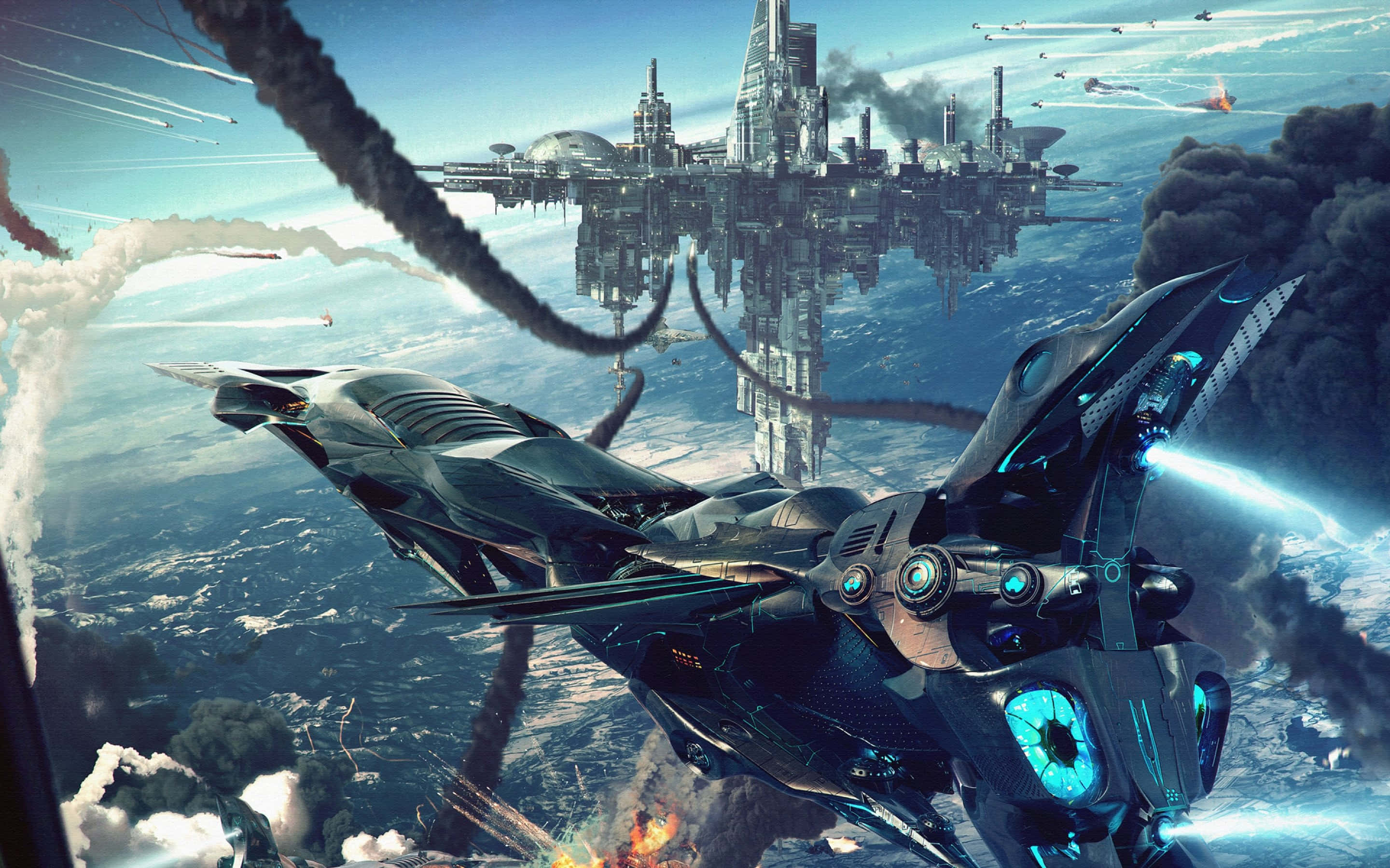 Spacecraft 桌布 壁紙 — 未來戰機在煙霧和爆炸籠罩的鏡面浮空城市上空，翱翔於飽受戰火摧殘的天空。