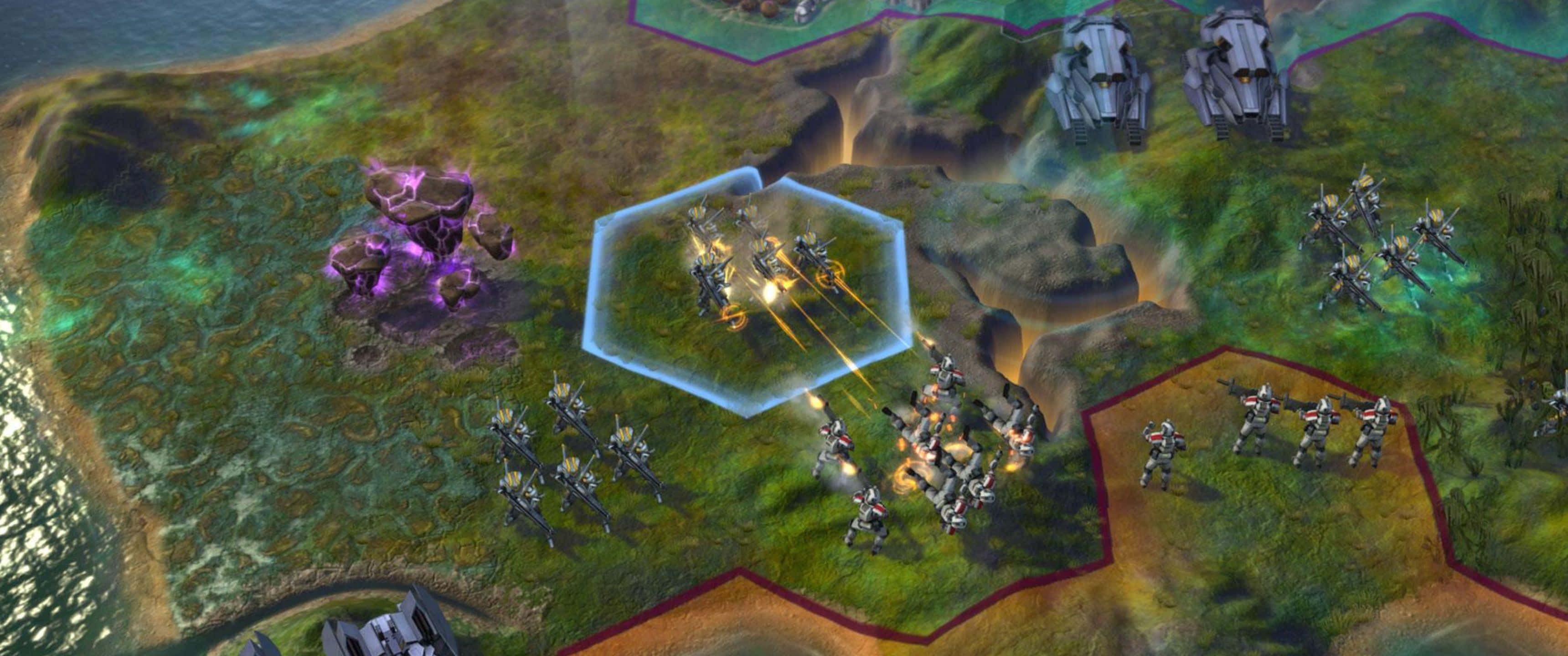 1440p Civilization Beyond Earth 桌布 壁紙 — 未來戰爭機器在充滿活力的外星戰場上碰撞，戰場上有發光的六邊形區域和紫色能量結構。