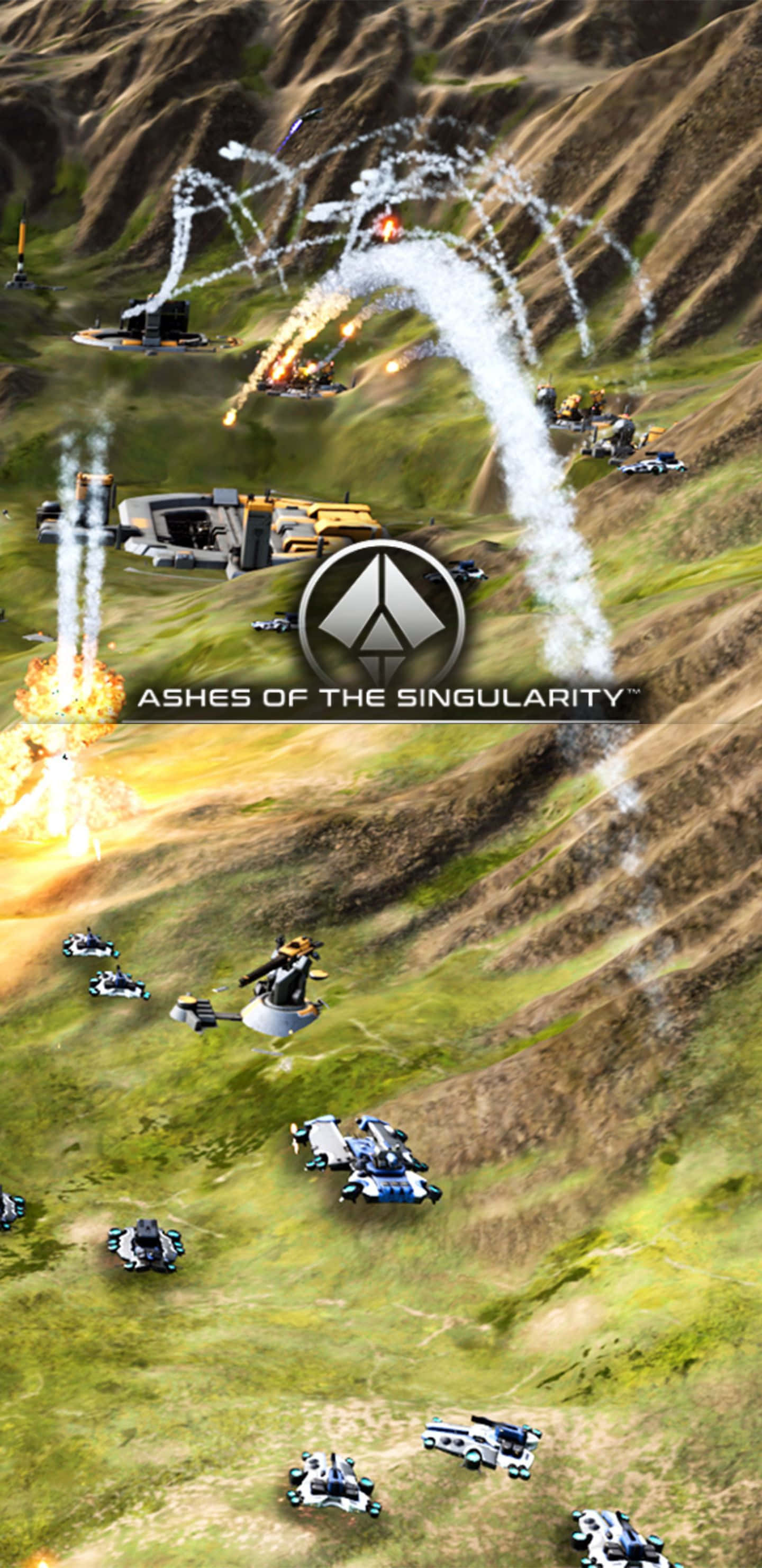 Pixel 3xl Ashes Of The Singularity 桌布 壁紙 — 未來戰爭機器在崎嶇的綠色山谷中戰鬥，伴隨著爆炸和煙霧痕跡。