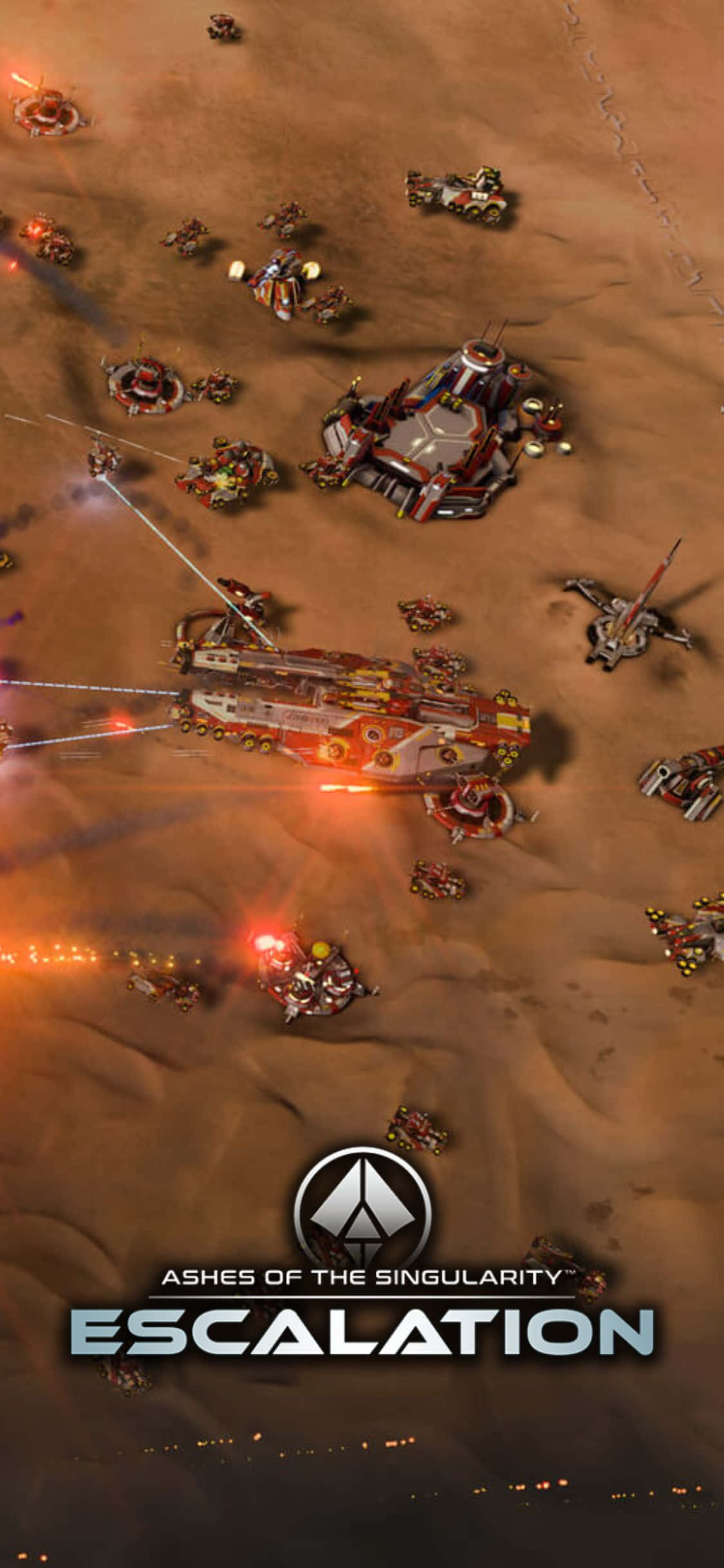 iPhone X Ashes Of The Singularity Escalation 桌布 壁紙 — 未來戰爭機器在沙漠戰場上戰鬥的鳥瞰圖，伴有爆炸和雷射射擊。