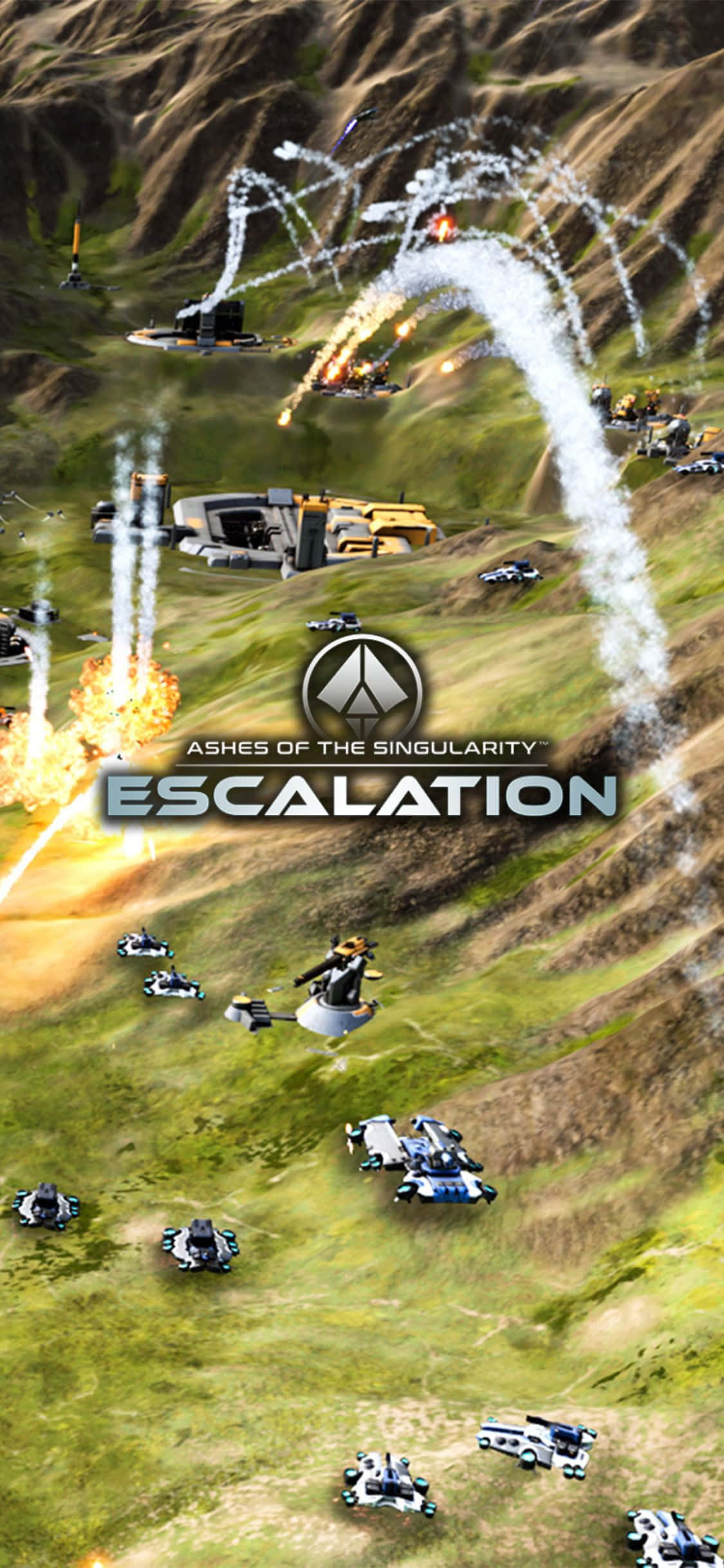 iPhone X Ashes Of The Singularity Escalation 桌布 壁紙 — 未來戰爭機器在綠色山坡上碰撞，伴隨爆炸和煙霧軌跡，科幻遊戲場景。