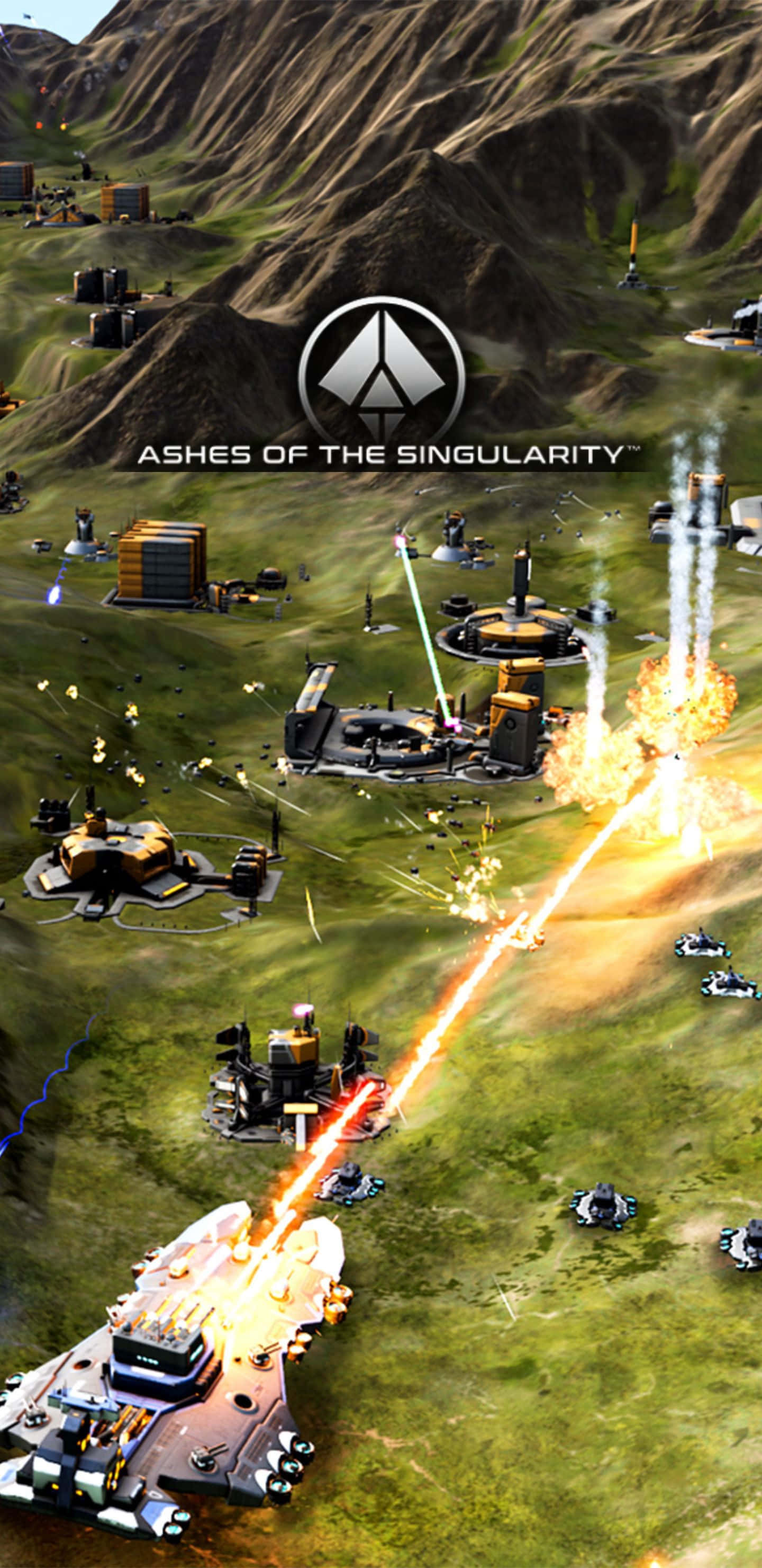 Pixel 3xl Ashes Of The Singularity 桌布 壁紙 — 未來戰爭機器在綠色戰場上發射能量光束，背景是岩石丘陵。