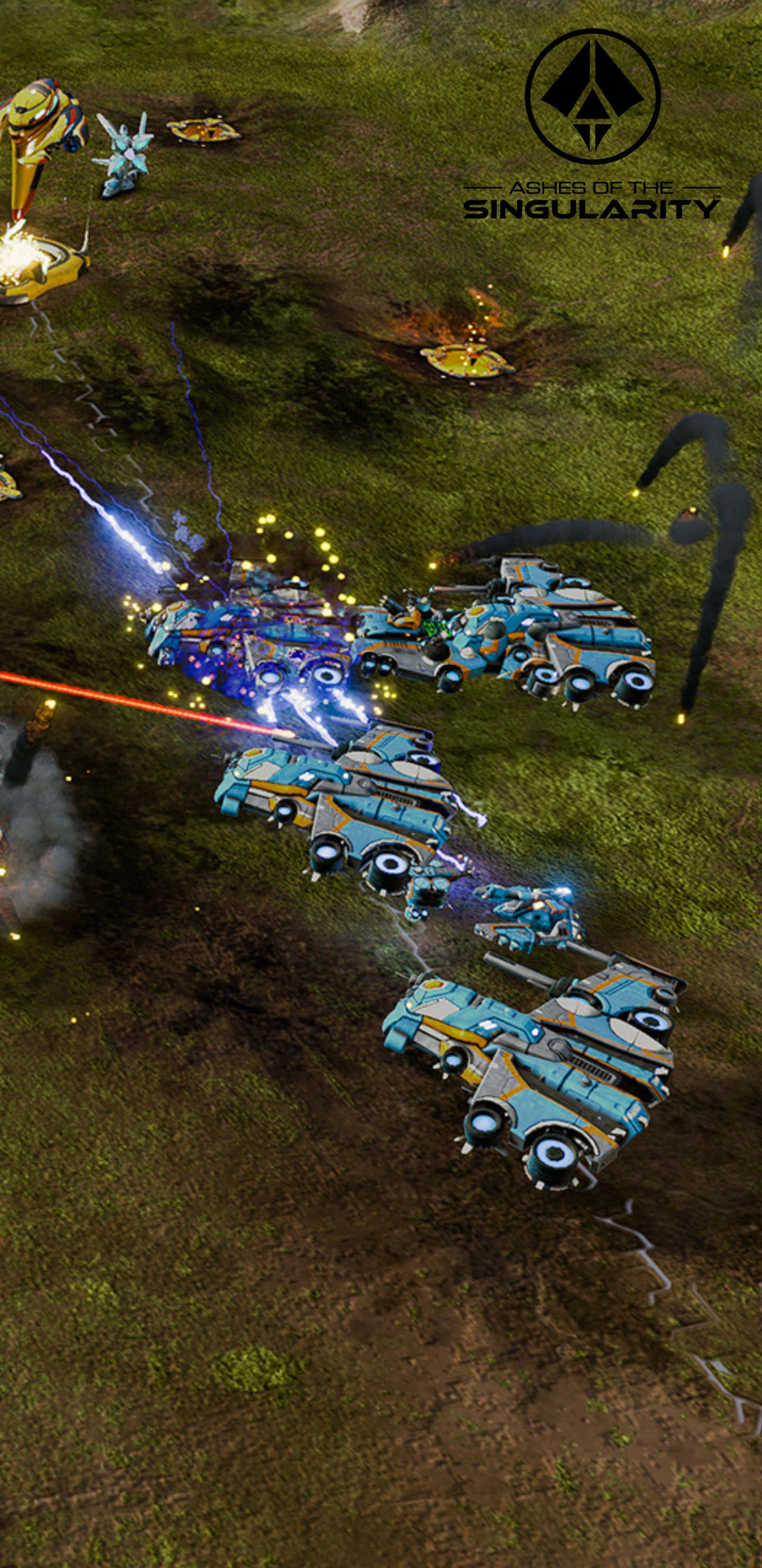 Pixel 3xl Ashes Of The Singularity 桌布 壁紙 — 未來戰爭機器在草地上戰鬥，能量光束和爆炸照亮了場景。