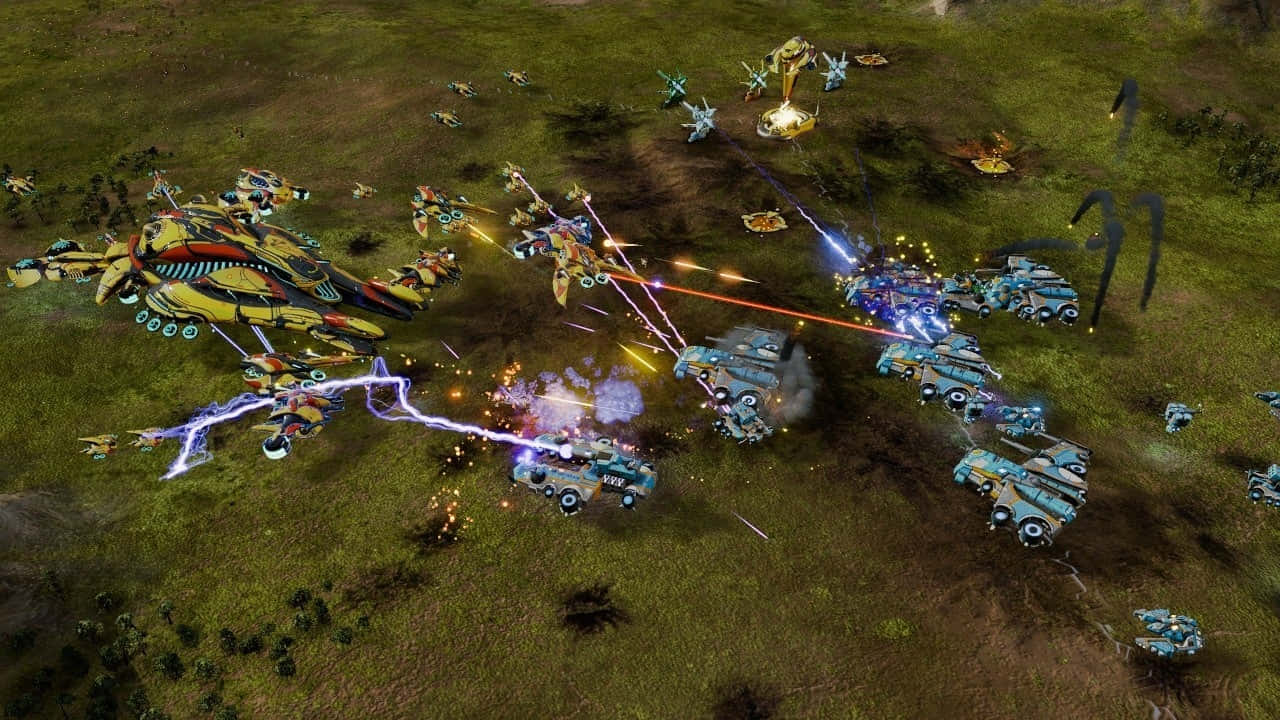 ships 桌布 壁紙 — 未來戰爭機器在草地戰場上以能量光束和煙霧進行爆炸性戰鬥。
