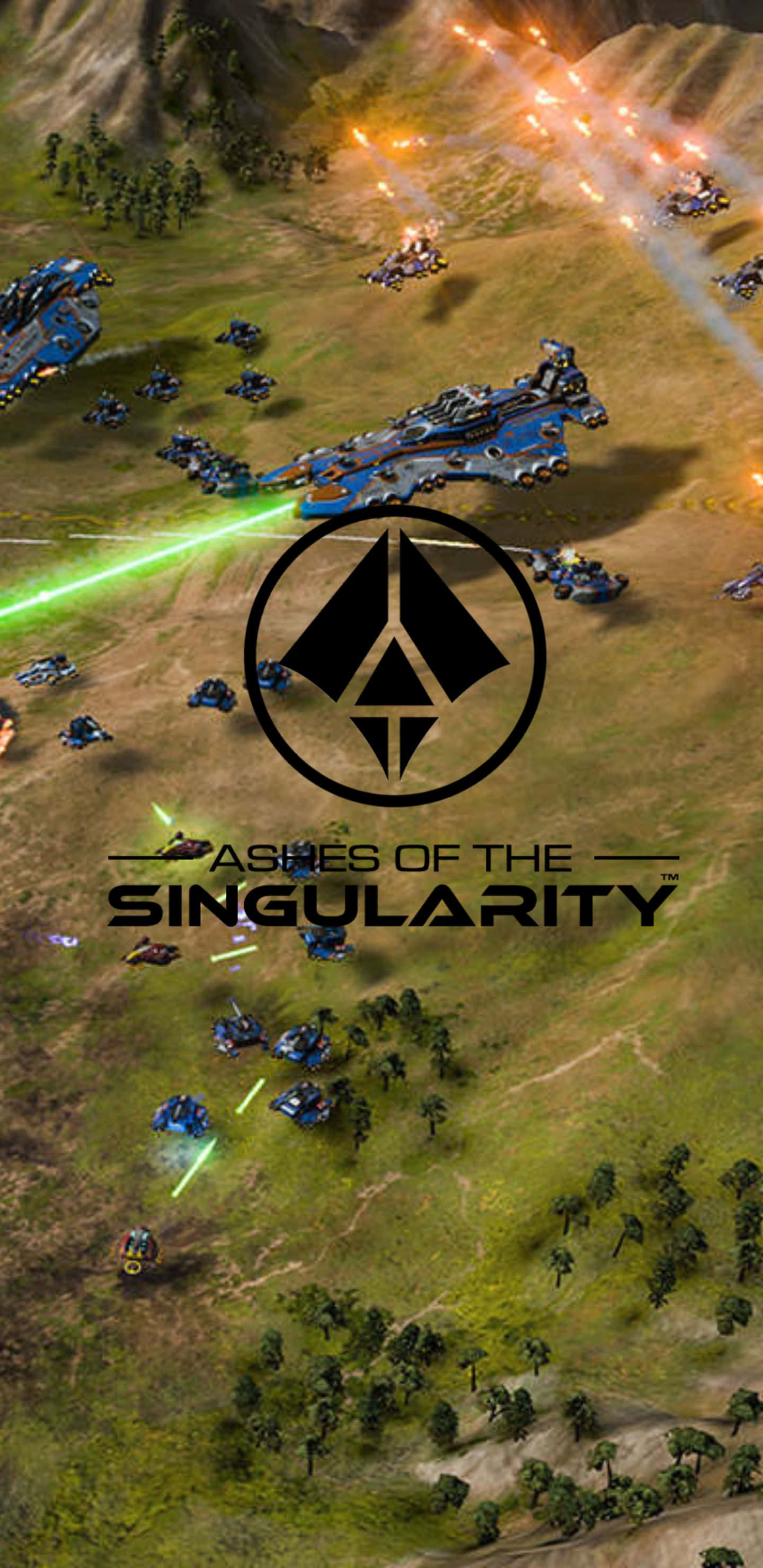 Pixel 3xl Ashes Of The Singularity 桌布 壁紙 — 未來戰艦和地面部隊在綠色戰場上戰鬥，伴隨著爆炸和雷射火。
