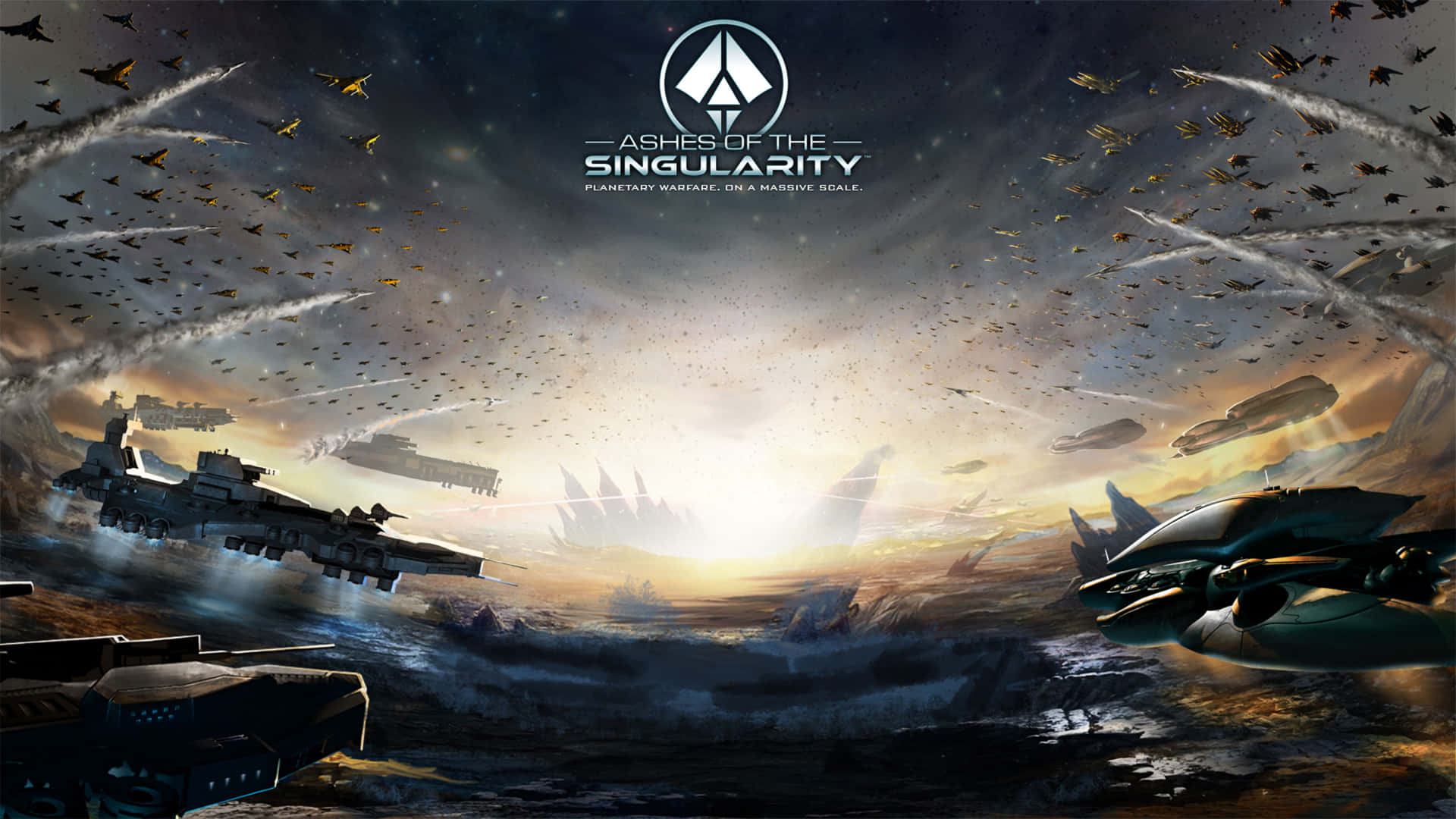 1920x1080 Ashes Of The Singularity Escalation 桌布 壁紙 — 未來戰艦和戰鬥機在一個被戰爭摧毀的行星上空戲劇性的日落天空中戰鬥。