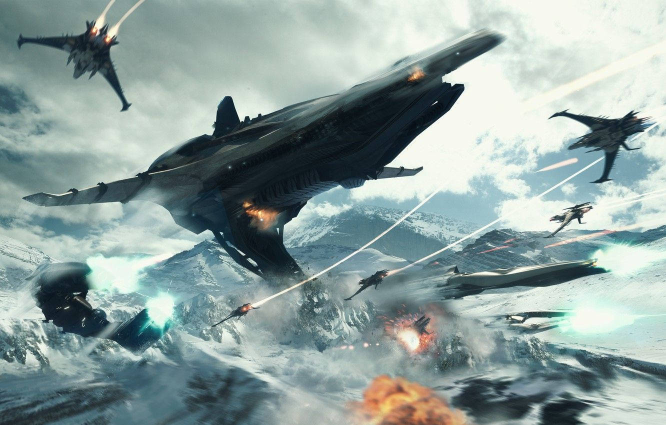 星際公民 桌布 壁紙 — 未來戰艦和戰鬥機在積雪的山峰上空爆炸，展開混亂的太空戰鬥。