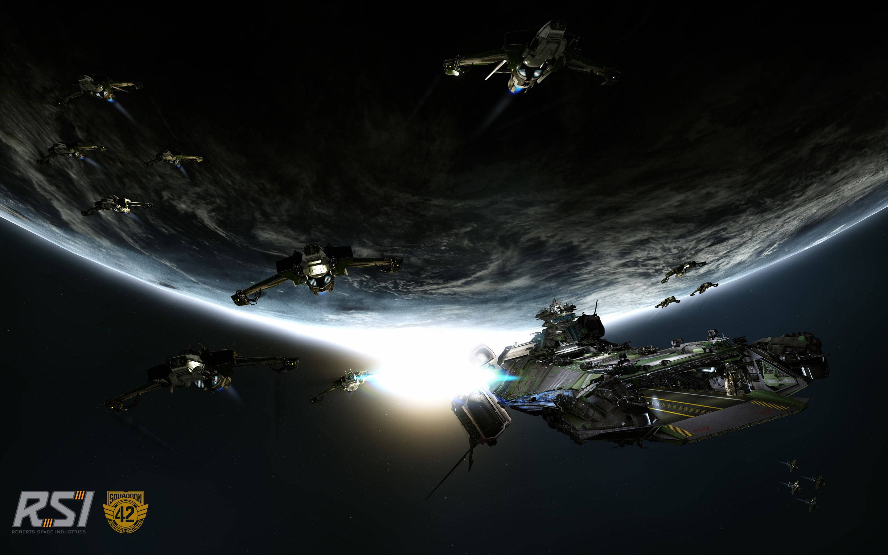 星際公民 桌布 壁紙 — 未來戰艦和戰鬥機在行星彎曲的地平線上空翱翔，引擎發光，背景是繁星點點的虛空。