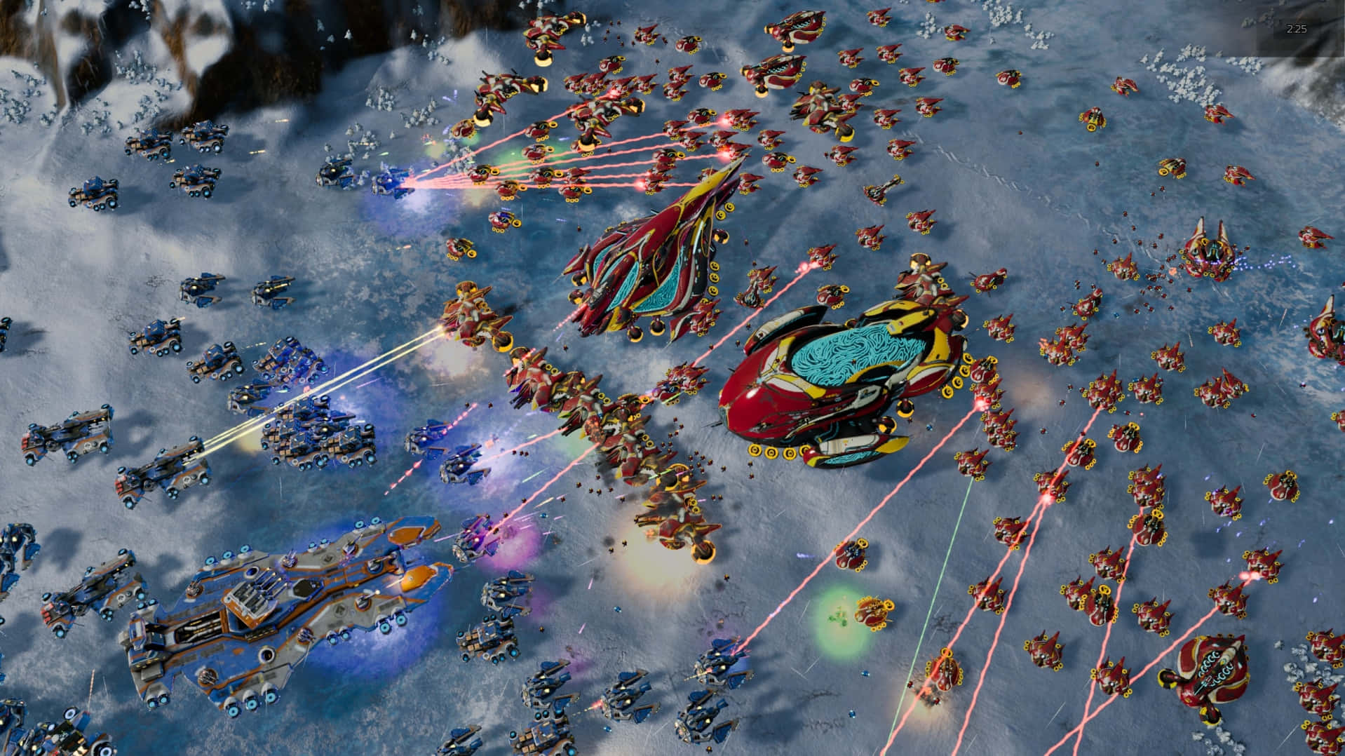 Ashes Of The Singularity Escalation 桌布 壁紙 — 未來戰艦和無人機在雪地戰場上交戰，雷射火光照亮冰凍地形。