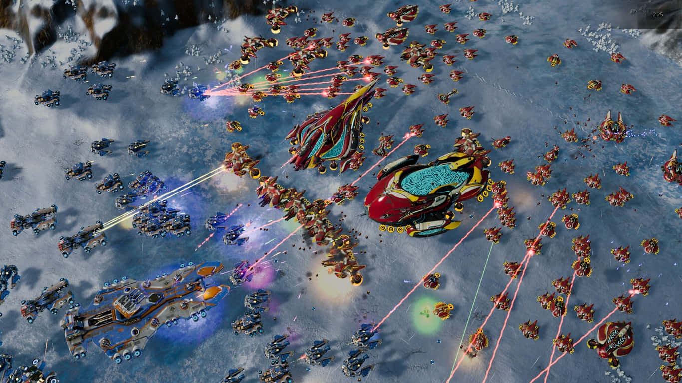 1366x768 Ashes Of The Singularity 桌布 壁紙 — 未來戰艦和無人機在雪地景觀中進行戰鬥，伴隨著雷射射擊和爆炸。