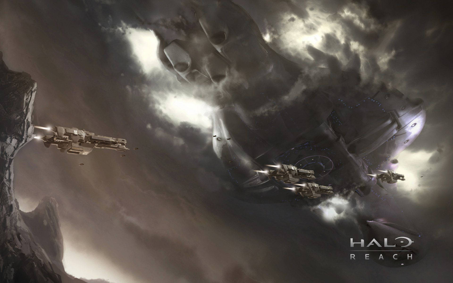 Reach 桌布 壁紙 — 未來戰艦在Halo Reach場景中，於暴風雲中靠近巨大外星結構戰鬥。