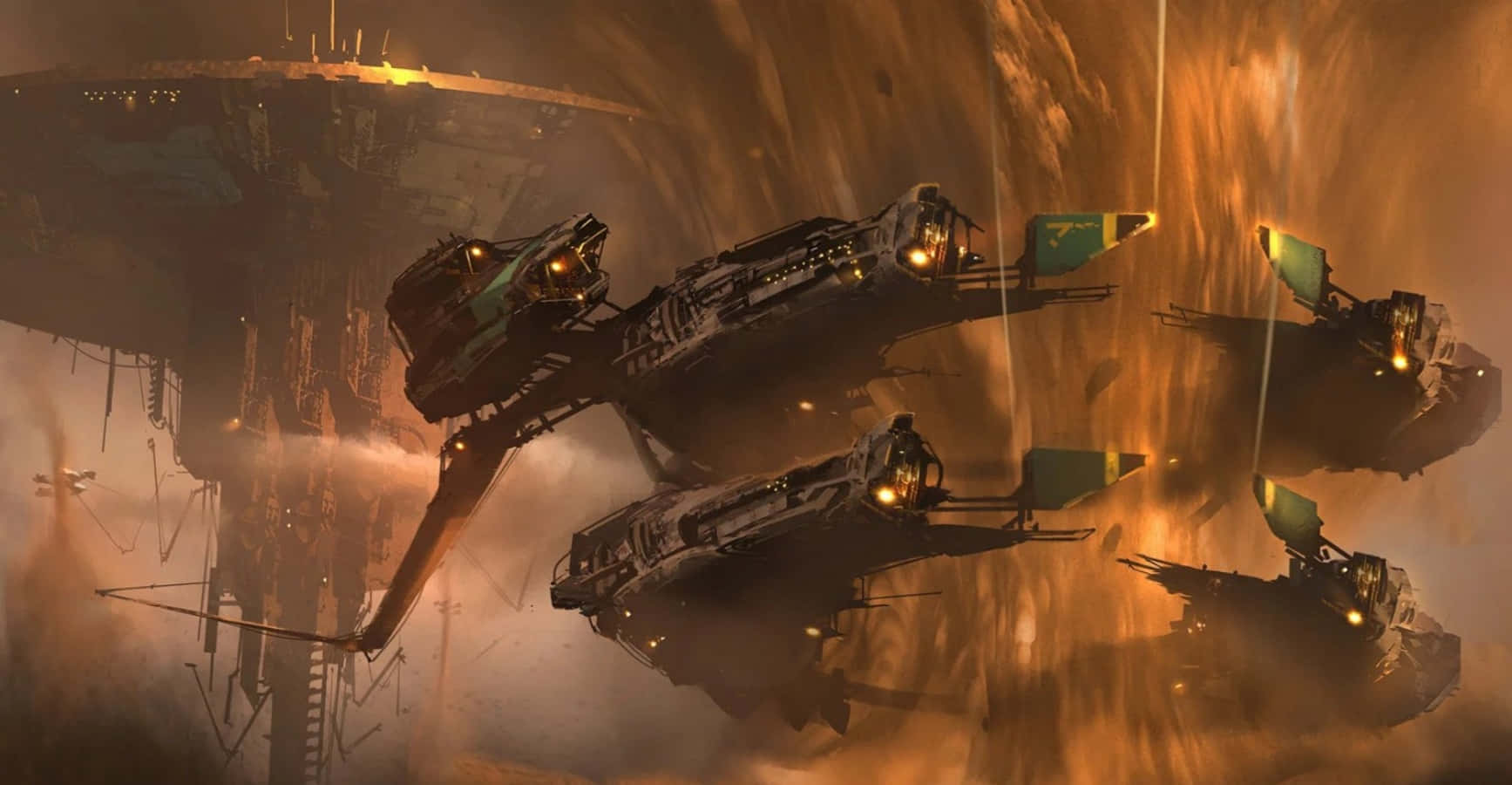 Space Mining 桌布 壁紙 — 未來戰艦在一個帶有發光引擎的巨大太空站附近，翱翔於熾熱的橙色星雲中。