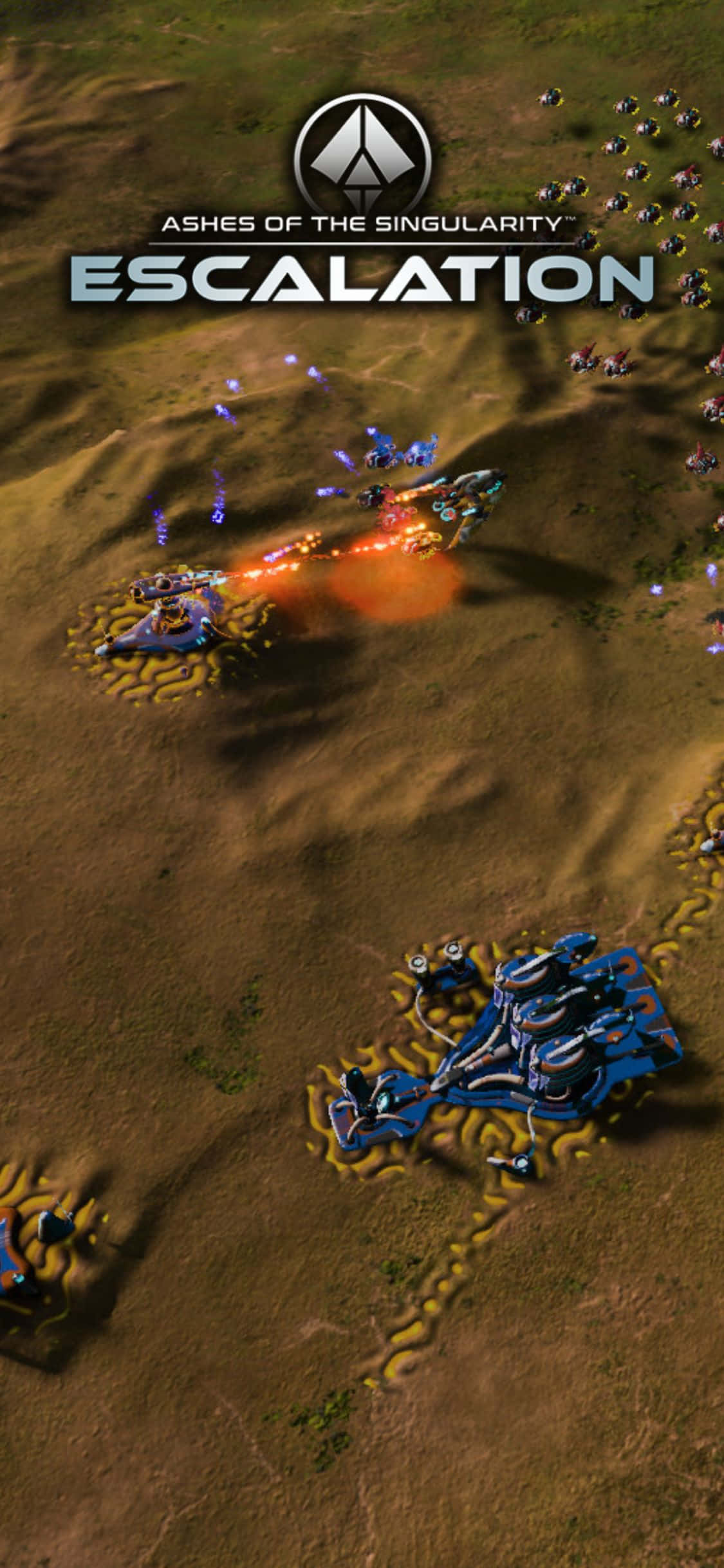 iPhone X Ashes Of The Singularity Escalation 桌布 壁紙 — 未來戰艦在乾旱地形上戰鬥，科幻策略遊戲中帶有發光的能量爆炸和機械單位。