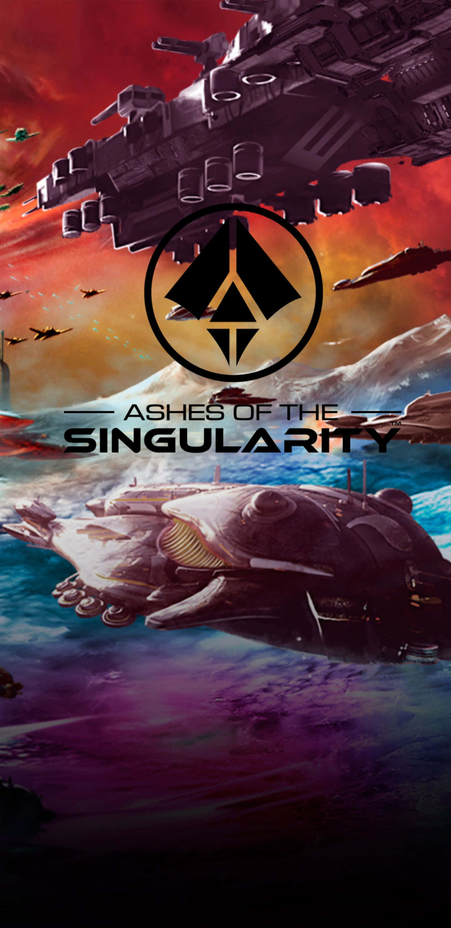 Pixel 3xl Ashes Of The Singularity 桌布 壁紙 — 未來戰艦在充滿活力的宇宙天空中戰鬥，發光的標誌和標題居中在畫面中。