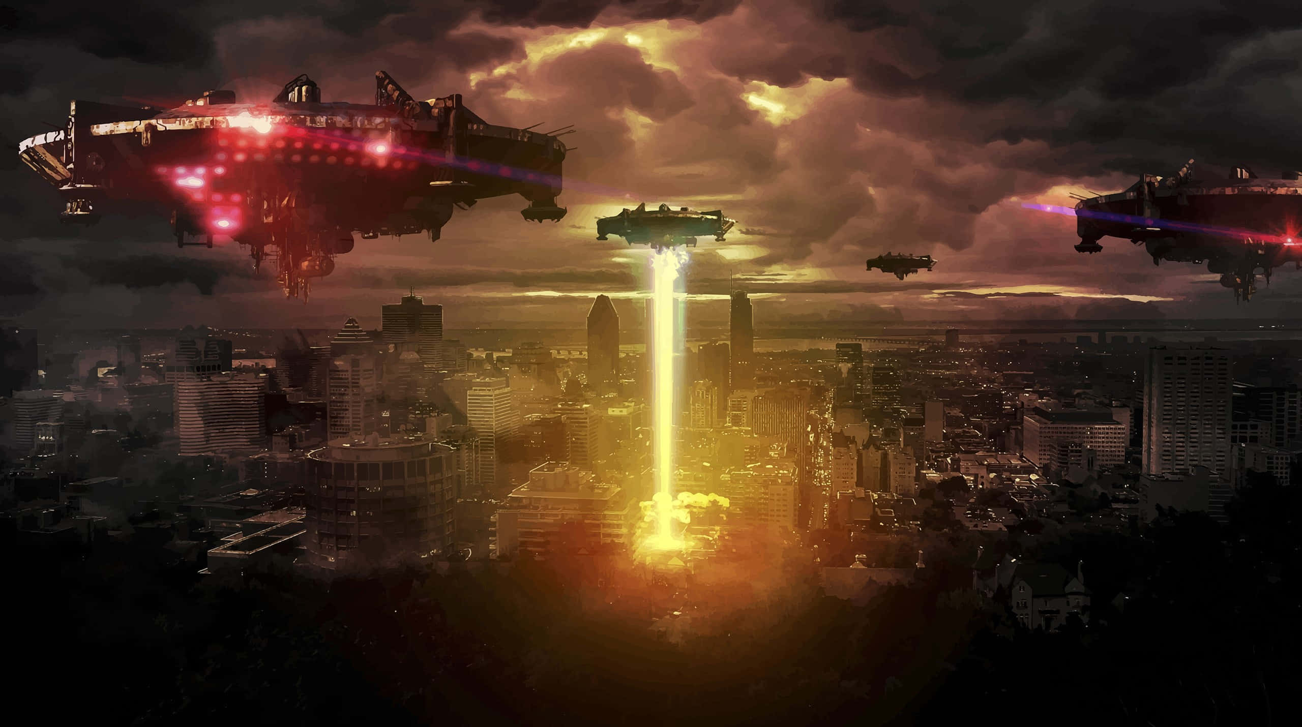 Real Ufo 桌布 壁紙 — 未來戰艦在城市上空盤旋，一道金色光束從中央塔樓噴射而出，映襯著暴風雨般的日落天空。