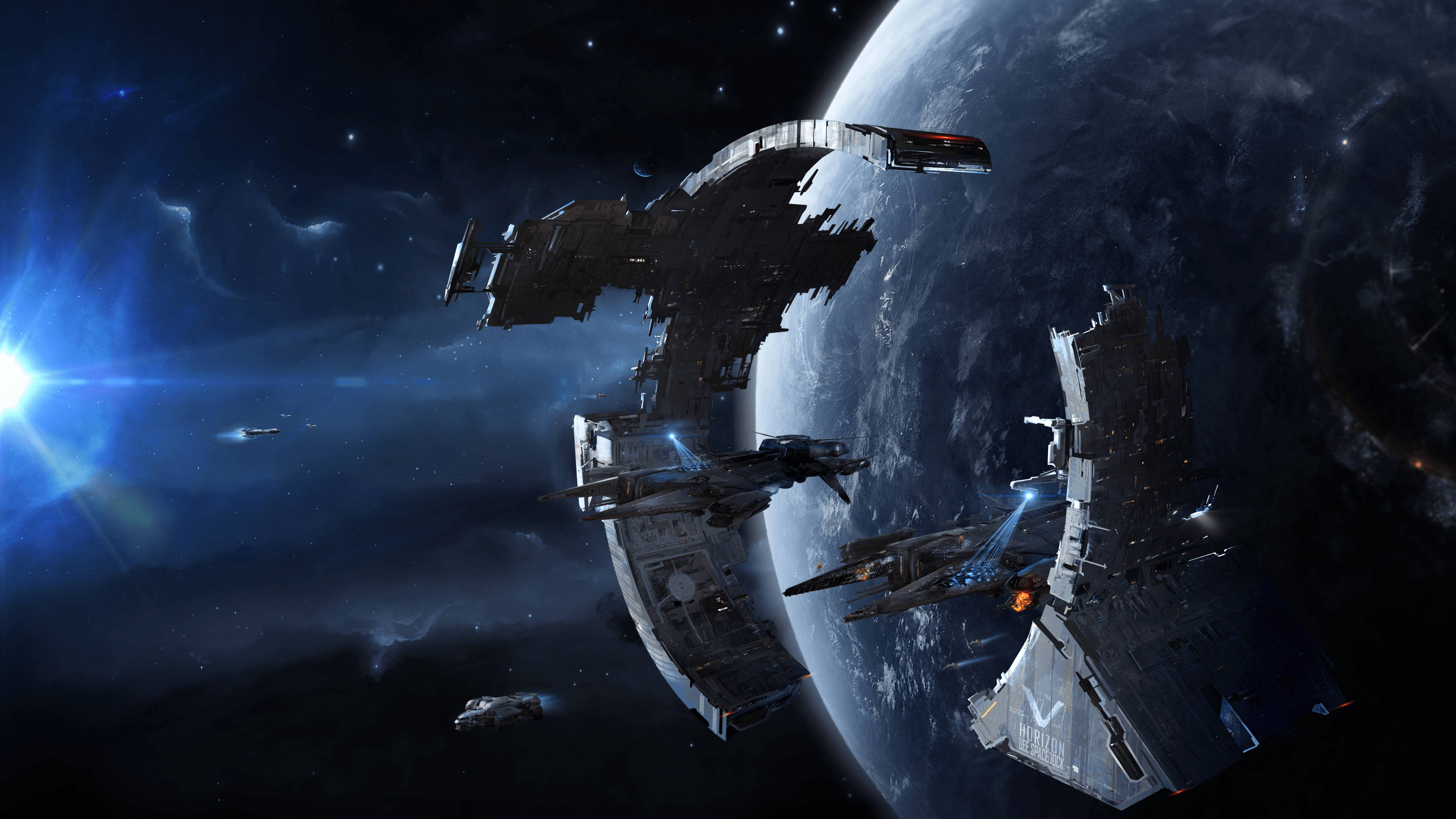 星際公民 桌布 壁紙 — 未來戰艦在深空中，於星爆天空下，在巨大行星附近戰鬥。