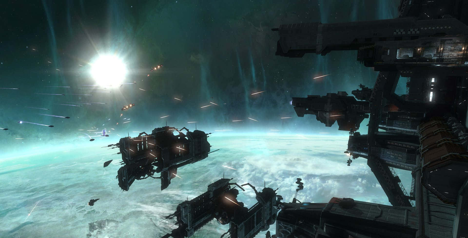 Halo Battle 桌布 壁紙 — 未來戰艦在發光行星上空戰鬥，明亮的太陽透過宇宙雲層投射光芒。