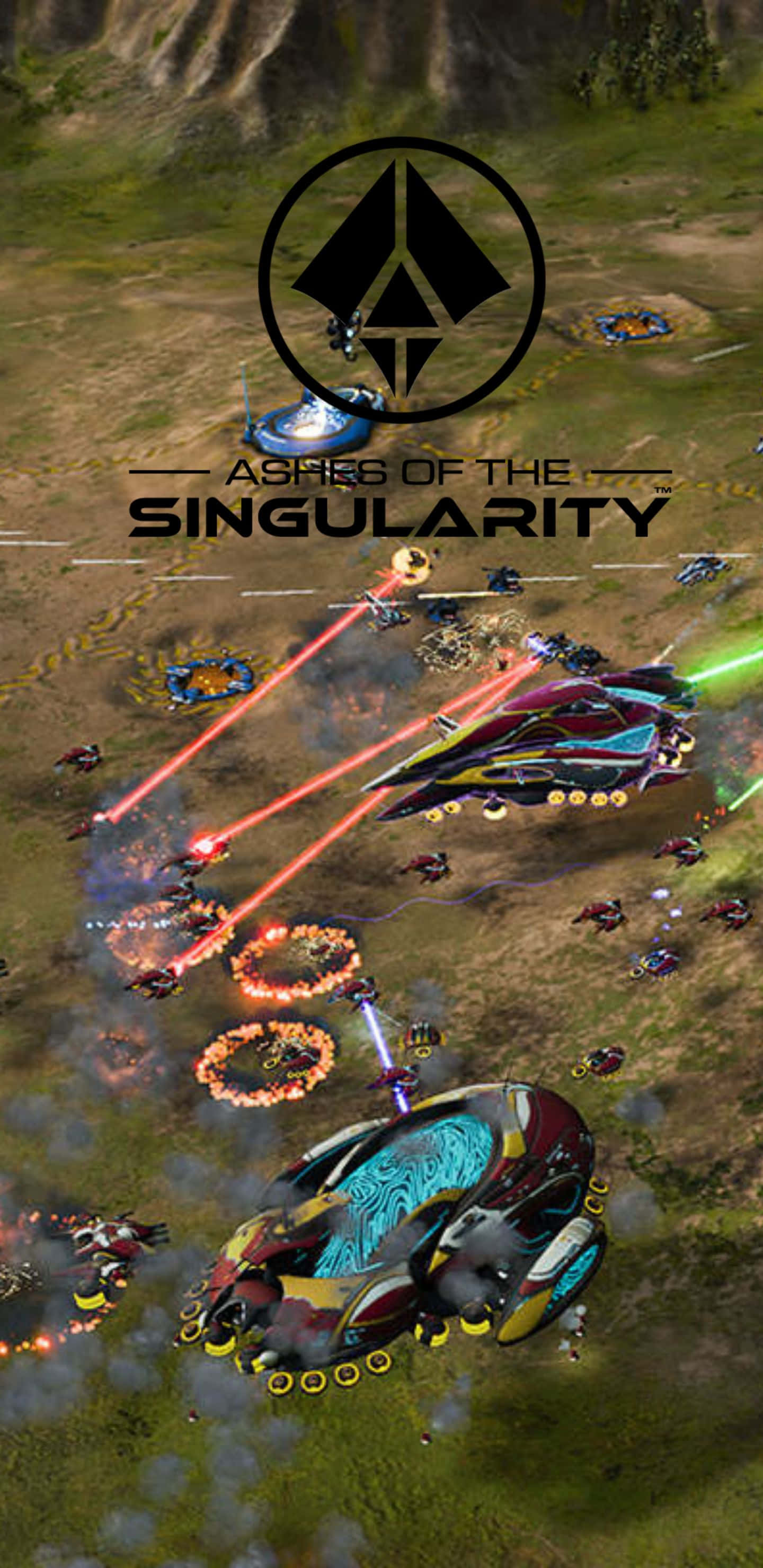 Pixel 3xl Ashes Of The Singularity 桌布 壁紙 — 未來戰艦在科幻策略遊戲場景中，向崎嶇的外星戰場發射雷射炮火。