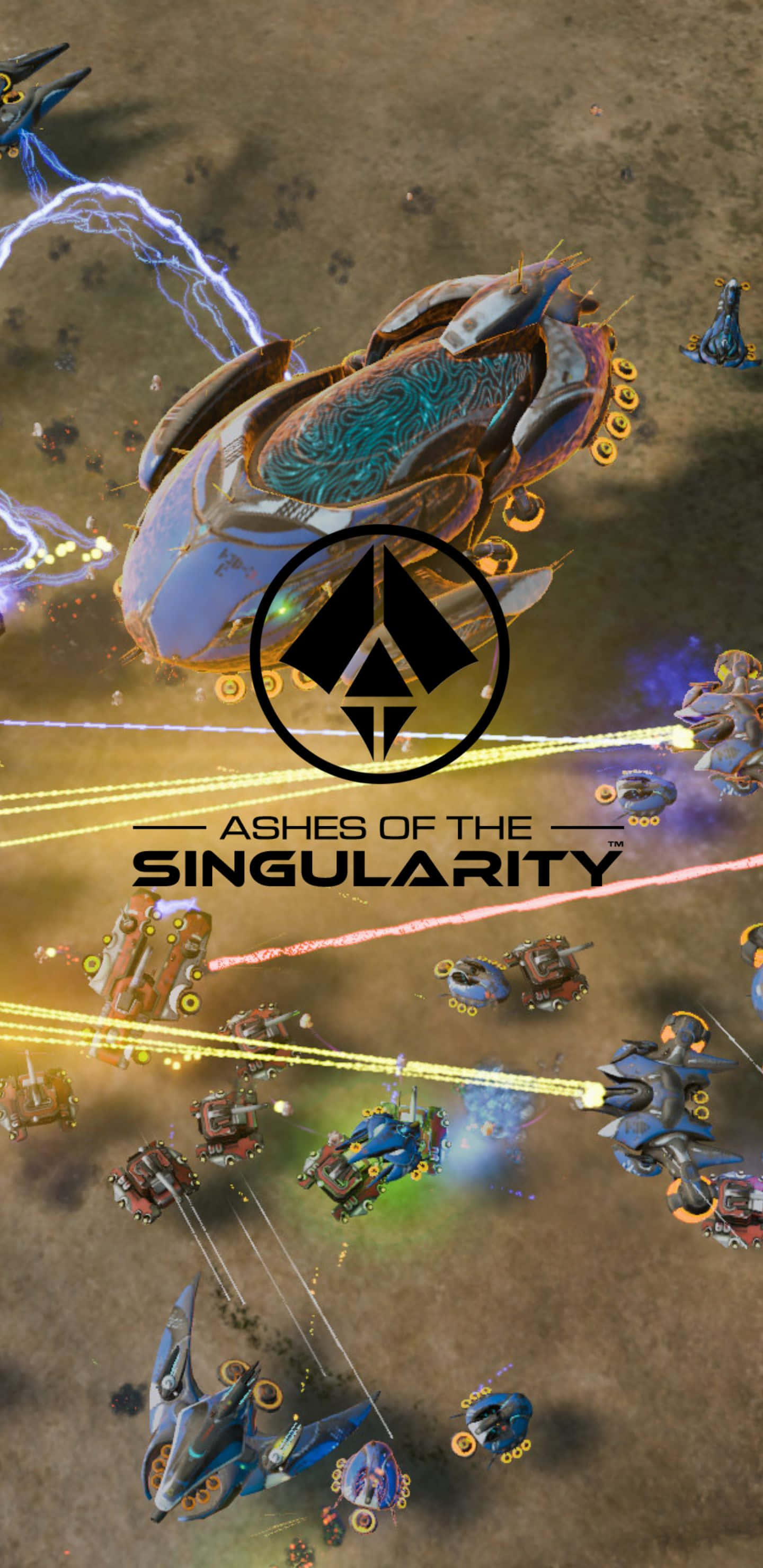 Pixel 3xl Ashes Of The Singularity 桌布 壁紙 — 未來戰艦在荒蕪行星表面上方以能量光束和閃電進行科幻戰鬥。