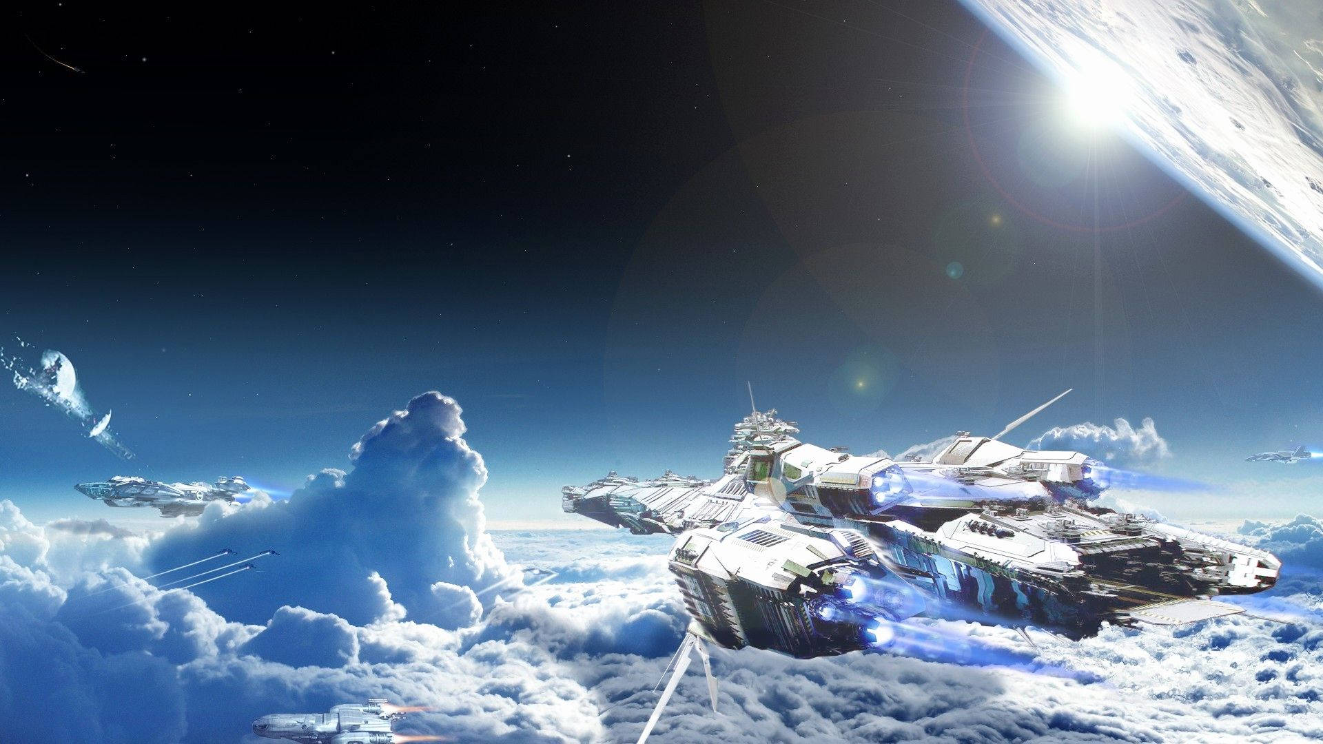 Star Citizen 桌布 壁紙 — 未來戰艦在蓬鬆的雲層上方翱翔，背景有發光的行星和太陽。