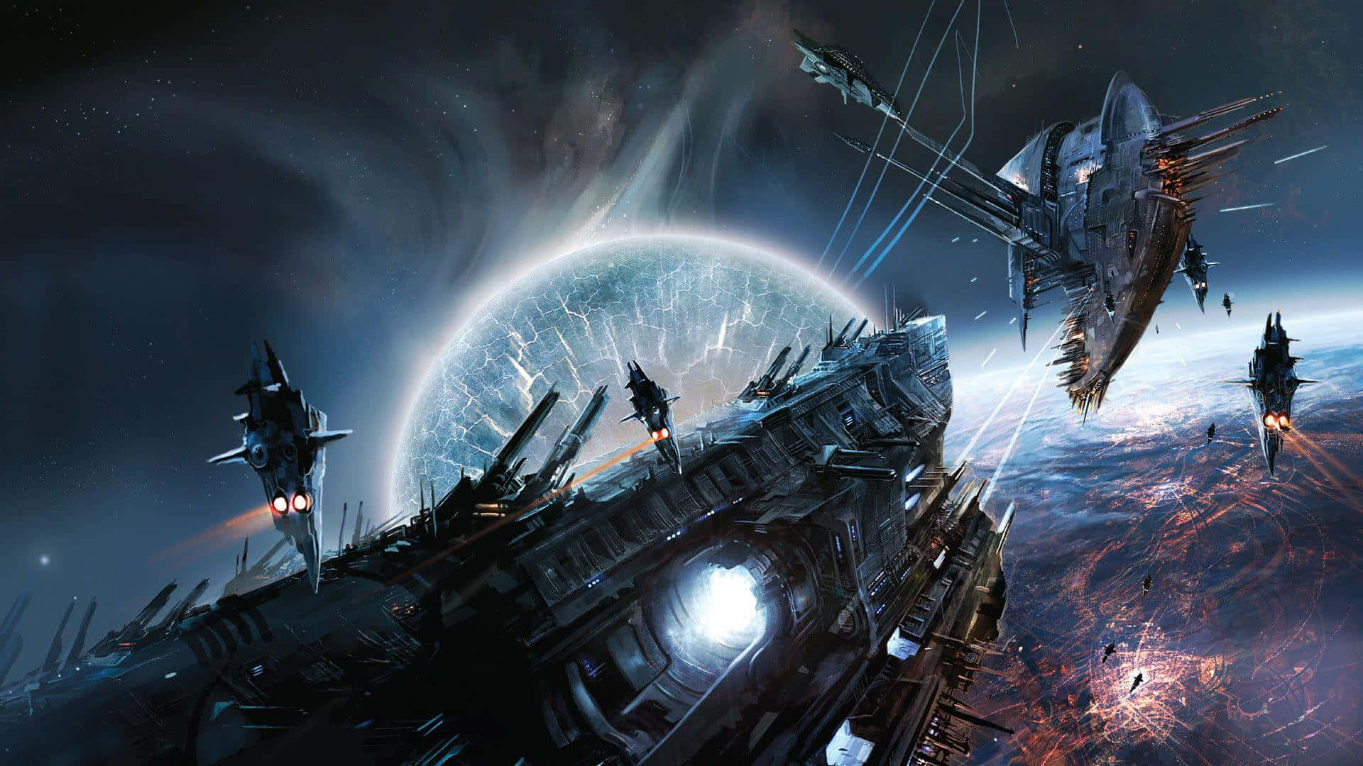 3d Fantasy 桌布 壁紙 — 未來戰艦在閃電風暴的發光行星上空戰鬥的宇宙戰爭場景。