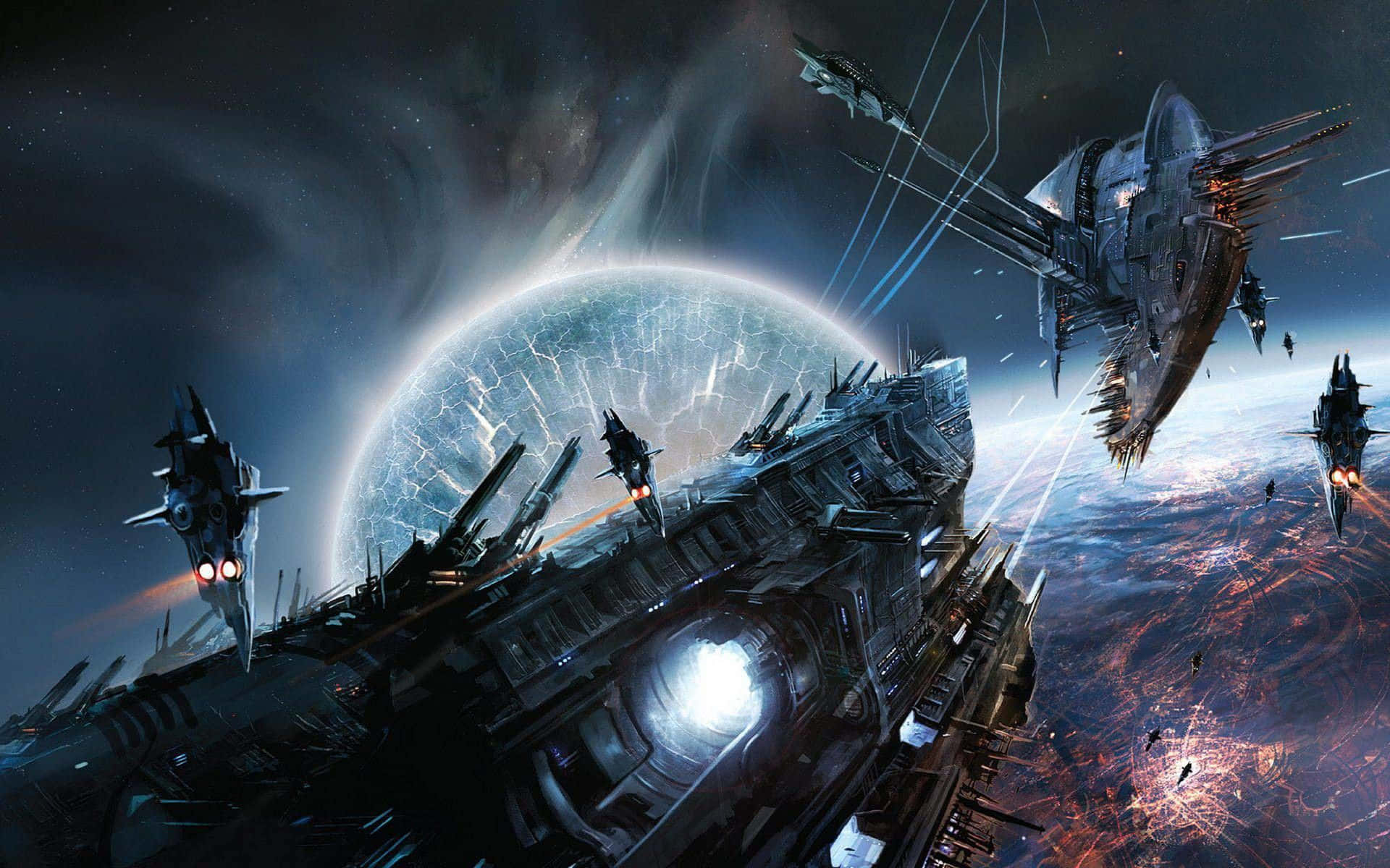 史詩 桌布 壁紙 — 未來戰艦在閃電風暴的發光行星上空作戰的宇宙戰爭場景。