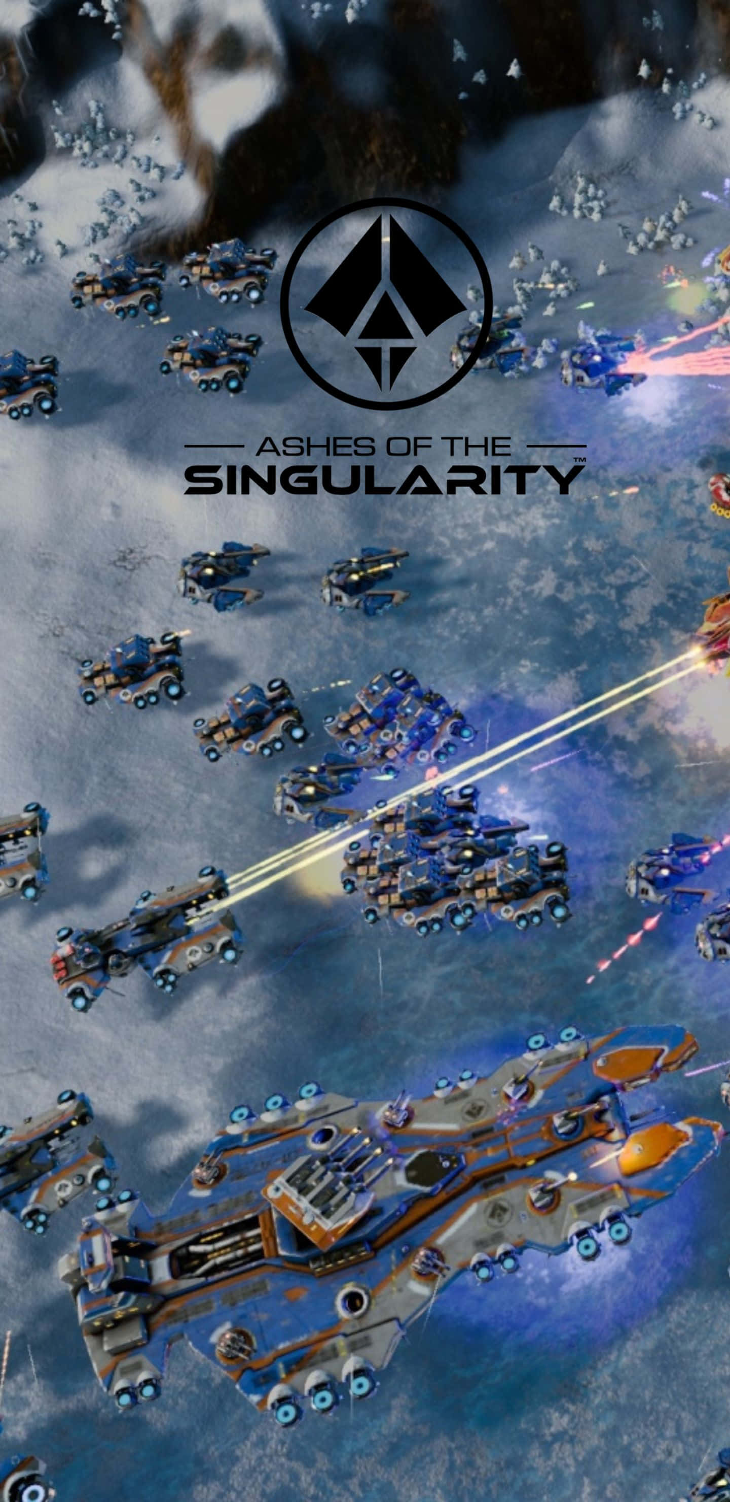 Pixel 3xl Ashes Of The Singularity 桌布 壁紙 — 未來戰艦在雪地外星景觀中戰鬥，伴隨著發光的武器火力和中央的遊戲標誌。