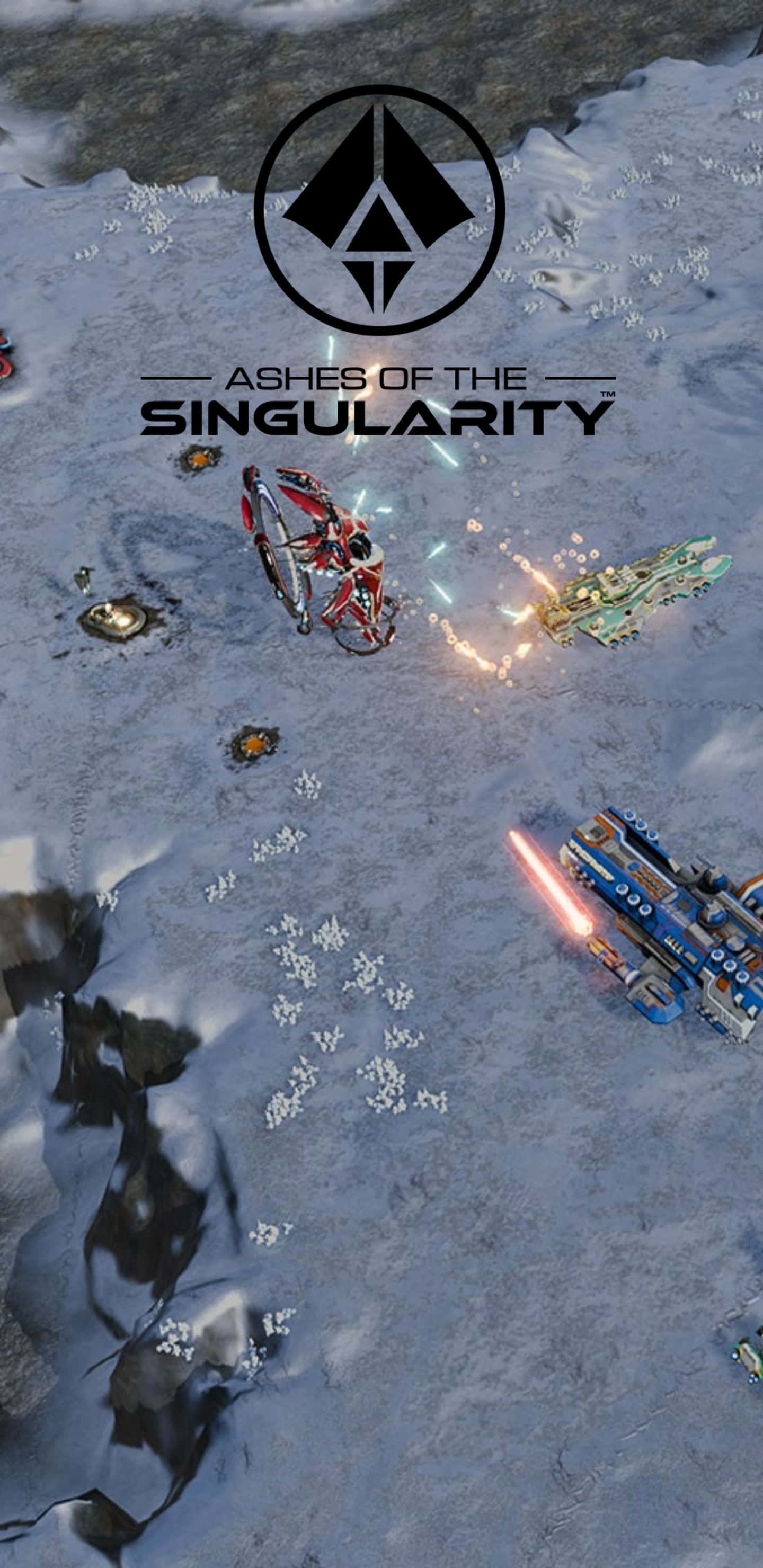 Pixel 3xl Ashes Of The Singularity 桌布 壁紙 — 未來戰艦在雪地外星行星上戰鬥的科幻策略遊戲場景。
