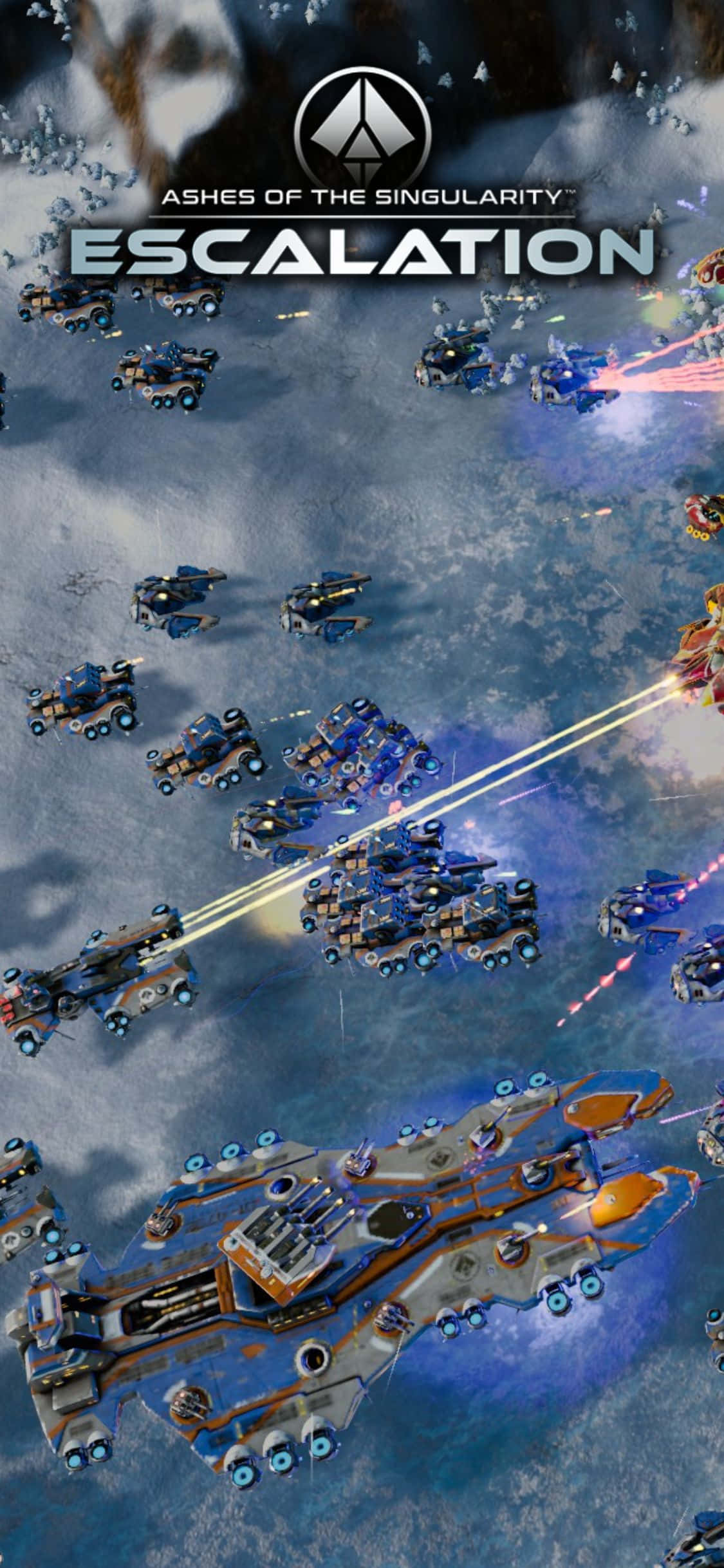 iPhone X Ashes Of The Singularity Escalation 桌布 壁紙 — 未來戰艦在雪行星表面上的混亂太空戰中發射雷射光束。