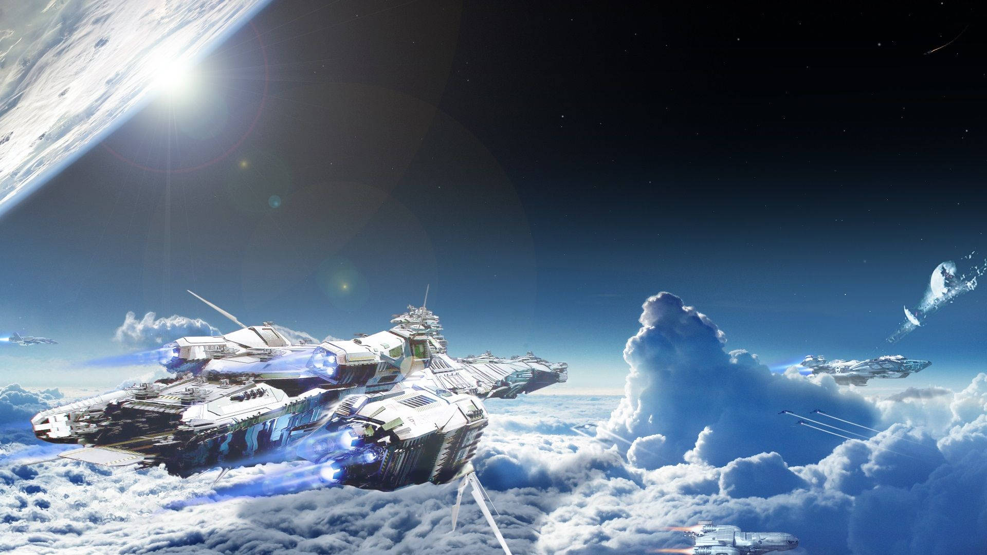 Star Citizen 桌布 壁紙 — 未來戰艦在雲層中翱翔，背景中有一顆行星在星空下發光。