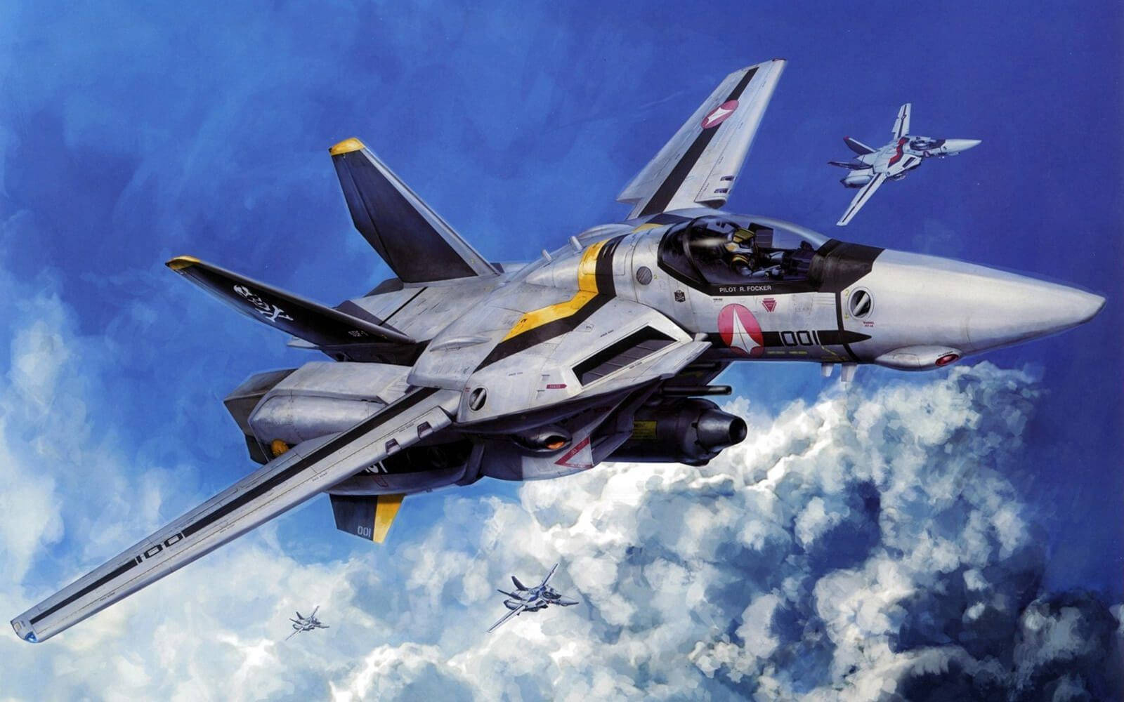 Macross 桌布 壁紙 — 未來戰鬥機在下方有蓬鬆白雲的鮮豔藍天中翱翔。