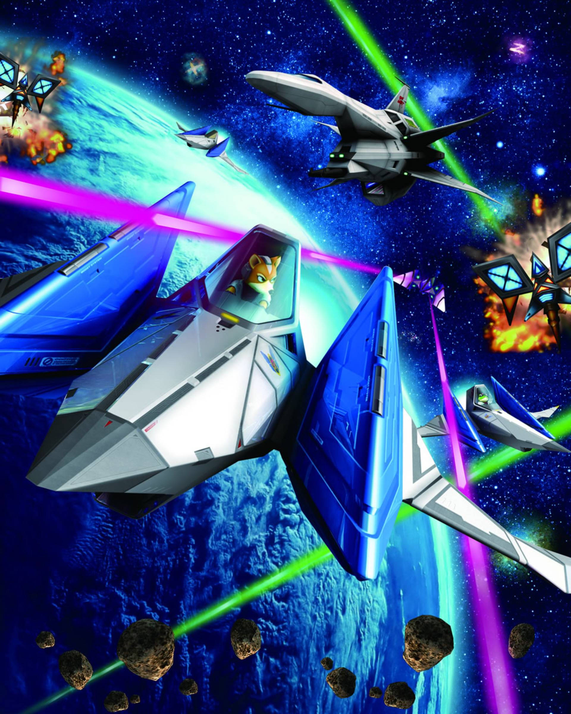 Star Fox 桌布 壁紙 — 未來戰鬥機在發光的藍色行星上空，與漂浮的小行星進行宇宙戰鬥，發射彩色雷射。