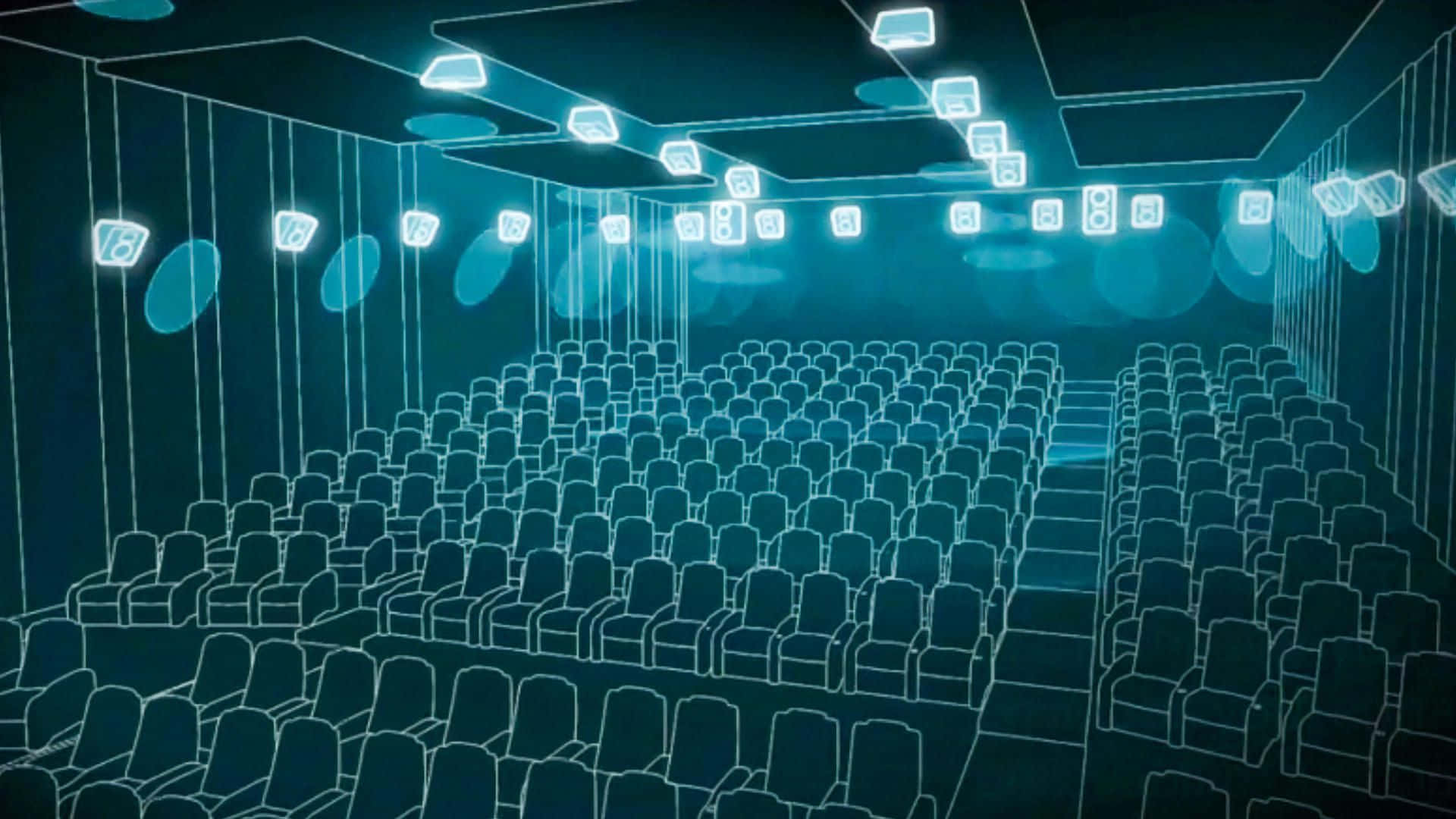 Dolby Digital 桌布 壁紙 — 未來數位劇院，帶有發光的藍色輪廓和霓虹燈下的空座位排。