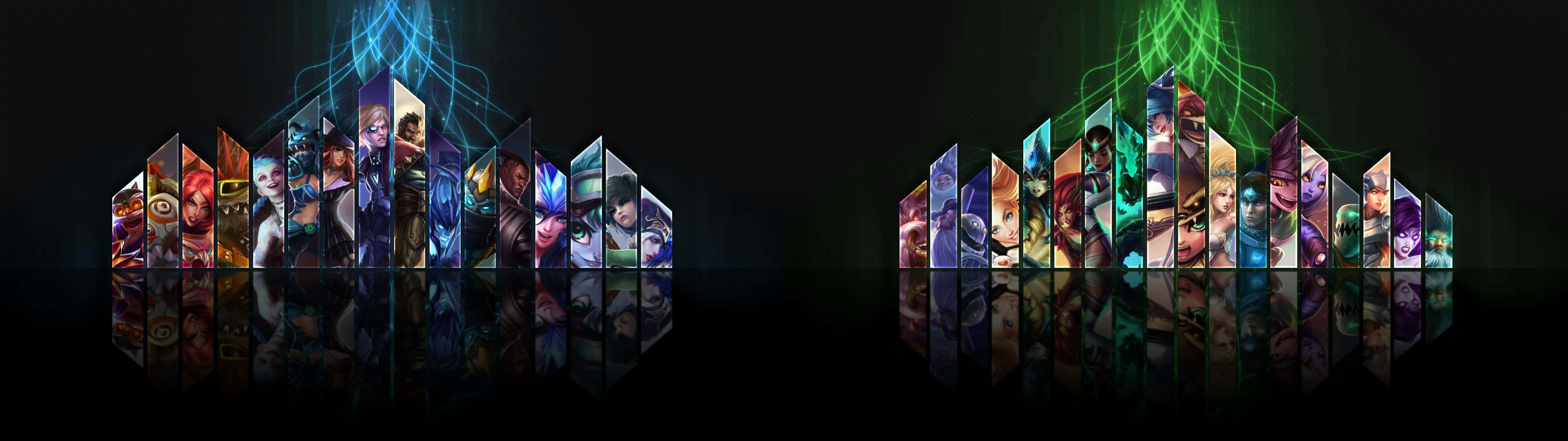 League Of Legends Dual Screen 桌布 壁紙 — 未來數位藝術作品在黑暗反光表面上展示發光三角形面板中的鮮豔遊戲角色。