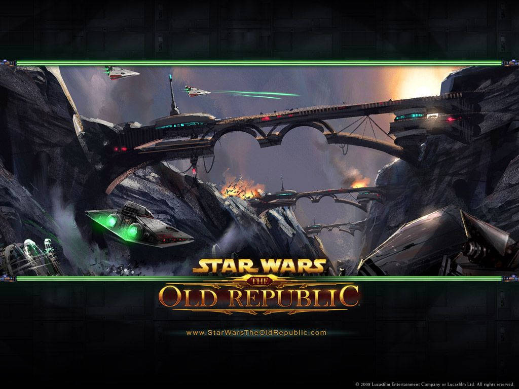 Swtor 桌布 壁紙 — 未來星際戰艦在星戰宇宙場景中，於一道橫跨岩石峽谷的發光大橋上空交戰。