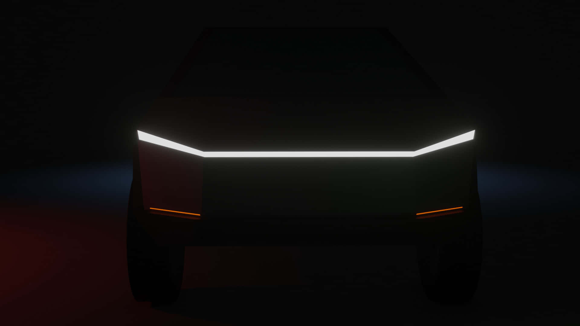 Tesla Cybertruck 桌布 壁紙 — 未來汽車的發光頭燈以銳利的白色和橙色點綴刺穿黑暗。