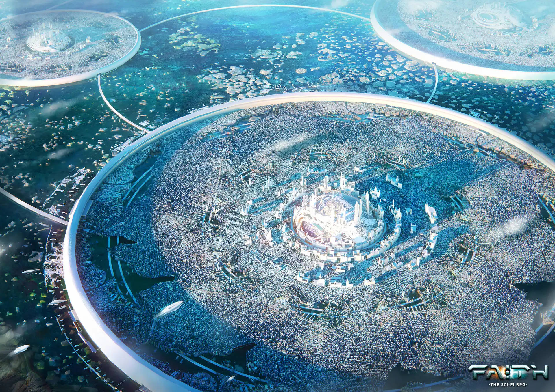 Sci Fi Landscape 桌布 壁紙 — 未來浮城鳥瞰圖，帶有發光環和晶體建築，懸浮在廣闊的海洋之上。