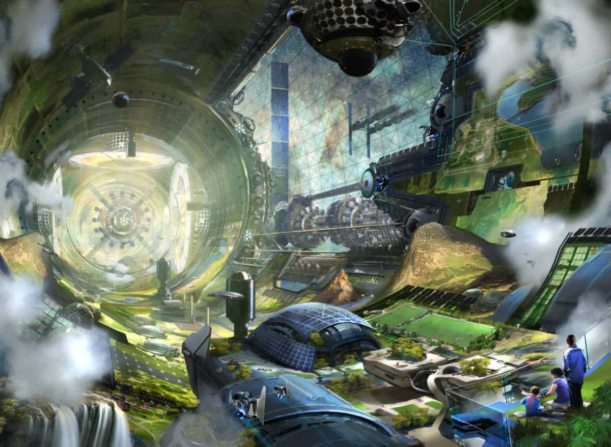 Space Colonization 桌布 壁紙 — 未來科幻城市景觀，帶有發光的綠色結構、蒸汽通風口和從陽台觀察的人們。