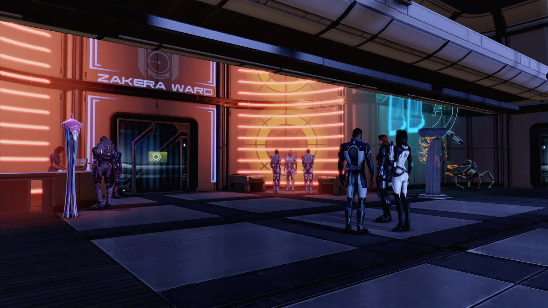 Mass Effect Citadel 桌布 壁紙 — 未來科幻場景，裝甲人物站在高科技城市走廊中發光的霓虹燈牌前。