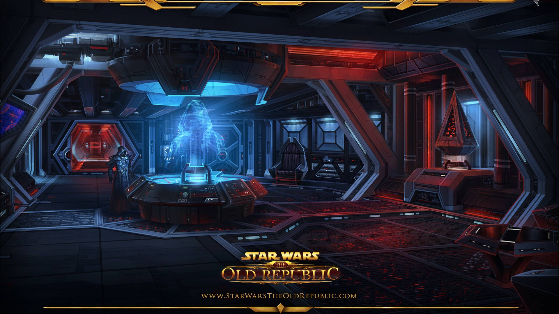 Swtor 桌布 壁紙 — 未來科幻指揮室，帶有發光的藍色全息投影和紅色環境照明。